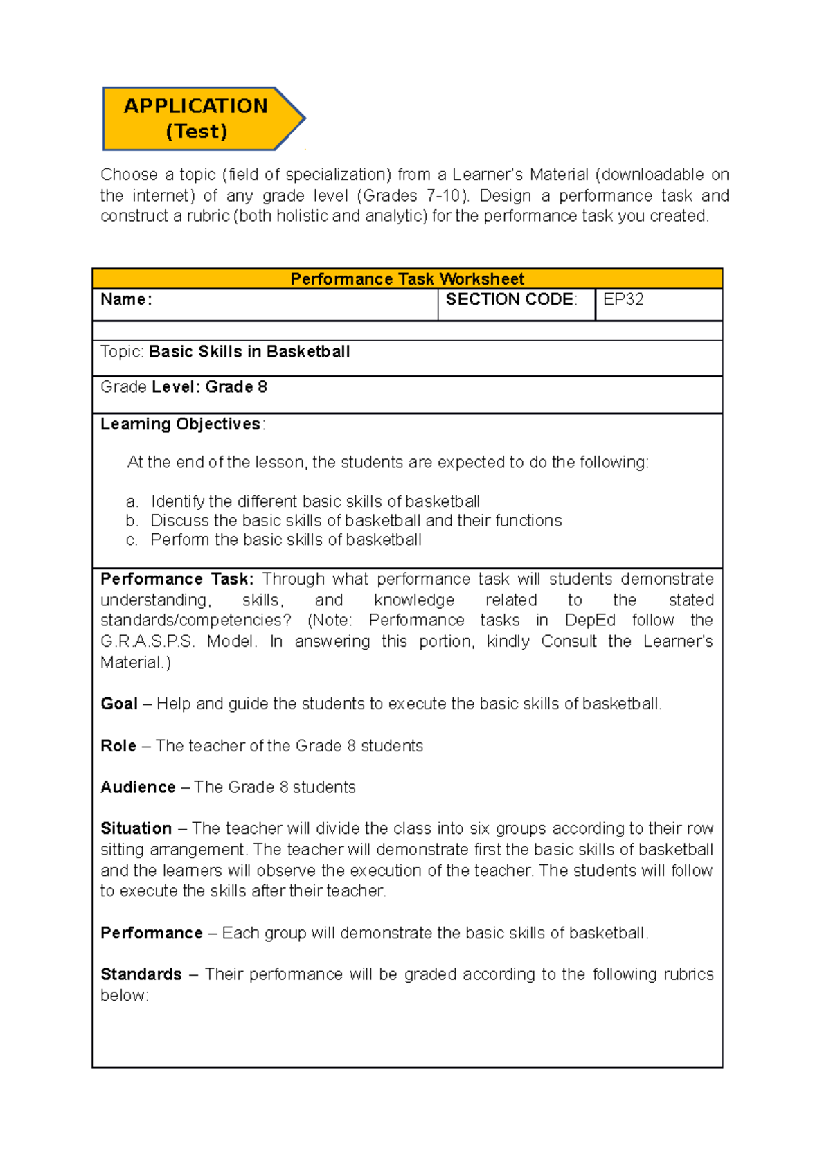 Application (Test) N/A Choose a topic (field of specialization) from a Learner’s Material