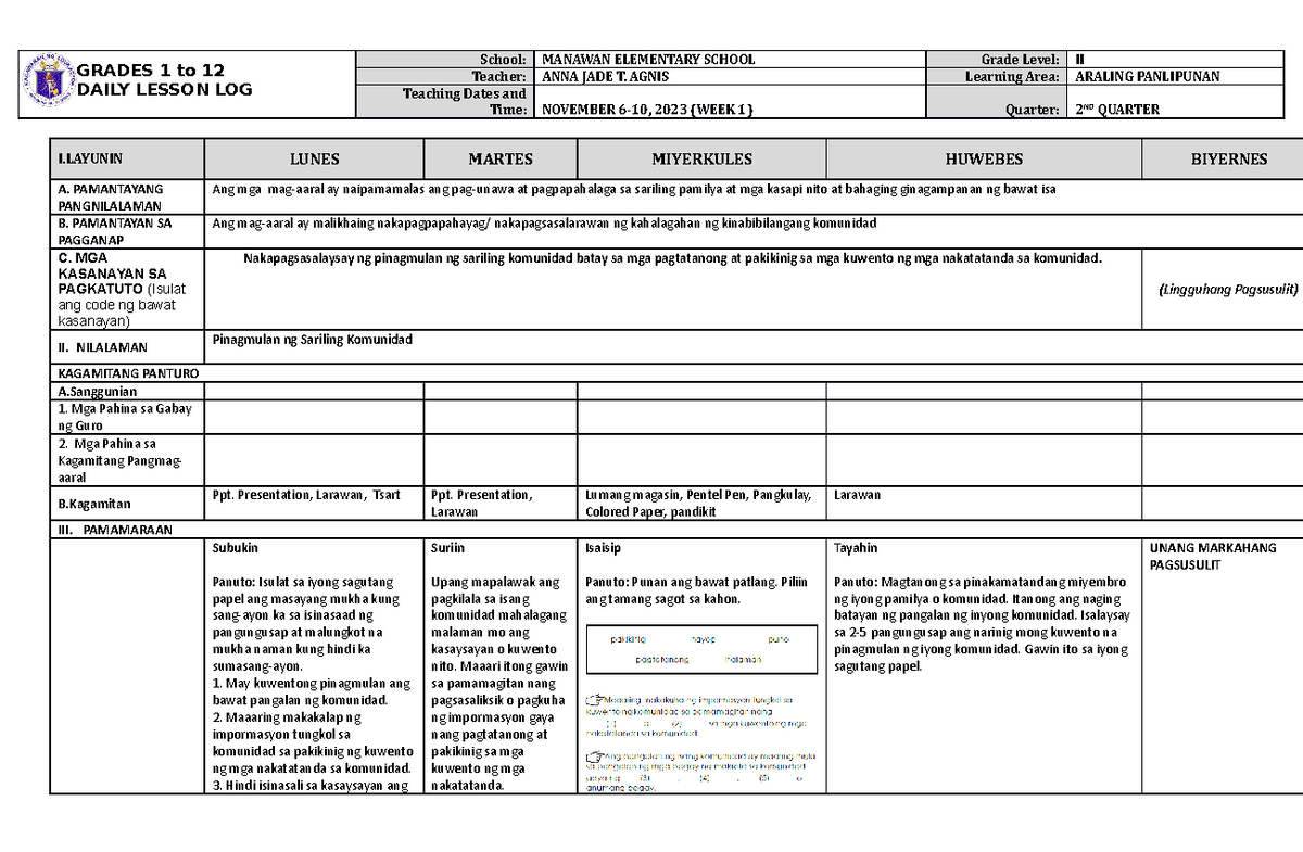 Dll Araling Panlipunan 2 Q2 W1 Grades 1 To 12 Daily Lesson Log School Manawan Elementary 1141
