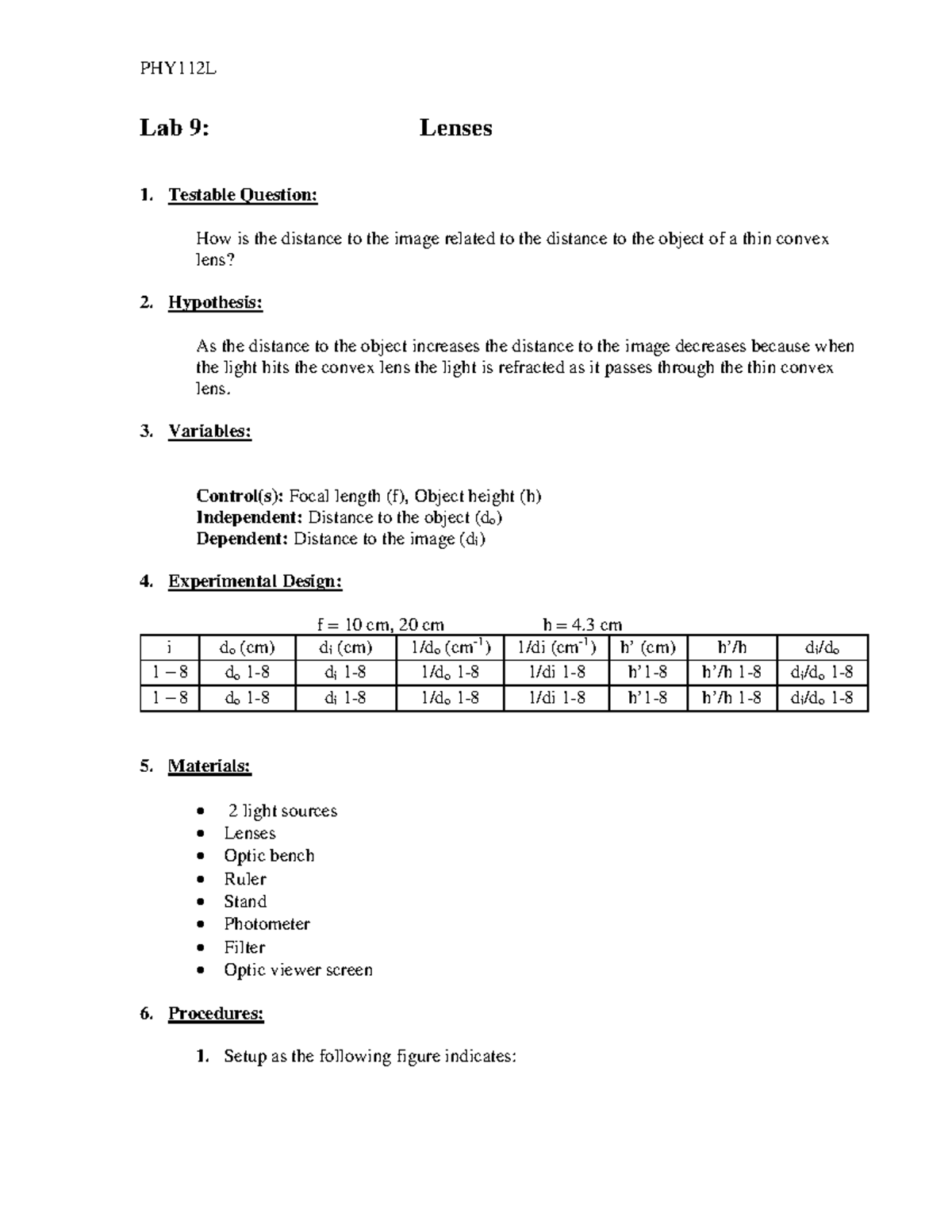 PHY112L Lab9 Lenses - I Got An A In This Lab. Hope It Helps - Lab 9 ...