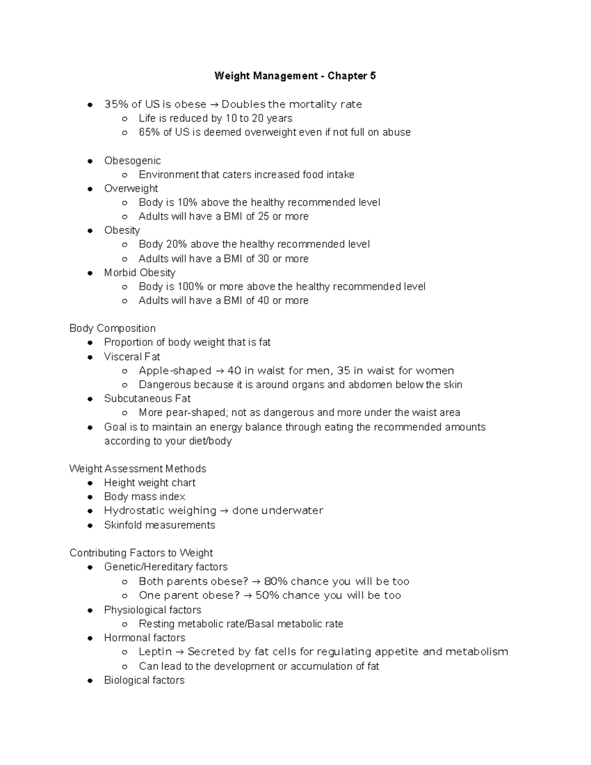 Health Exam 3 - Study Guide. - Weight Management - Chapter 5 35% of US ...