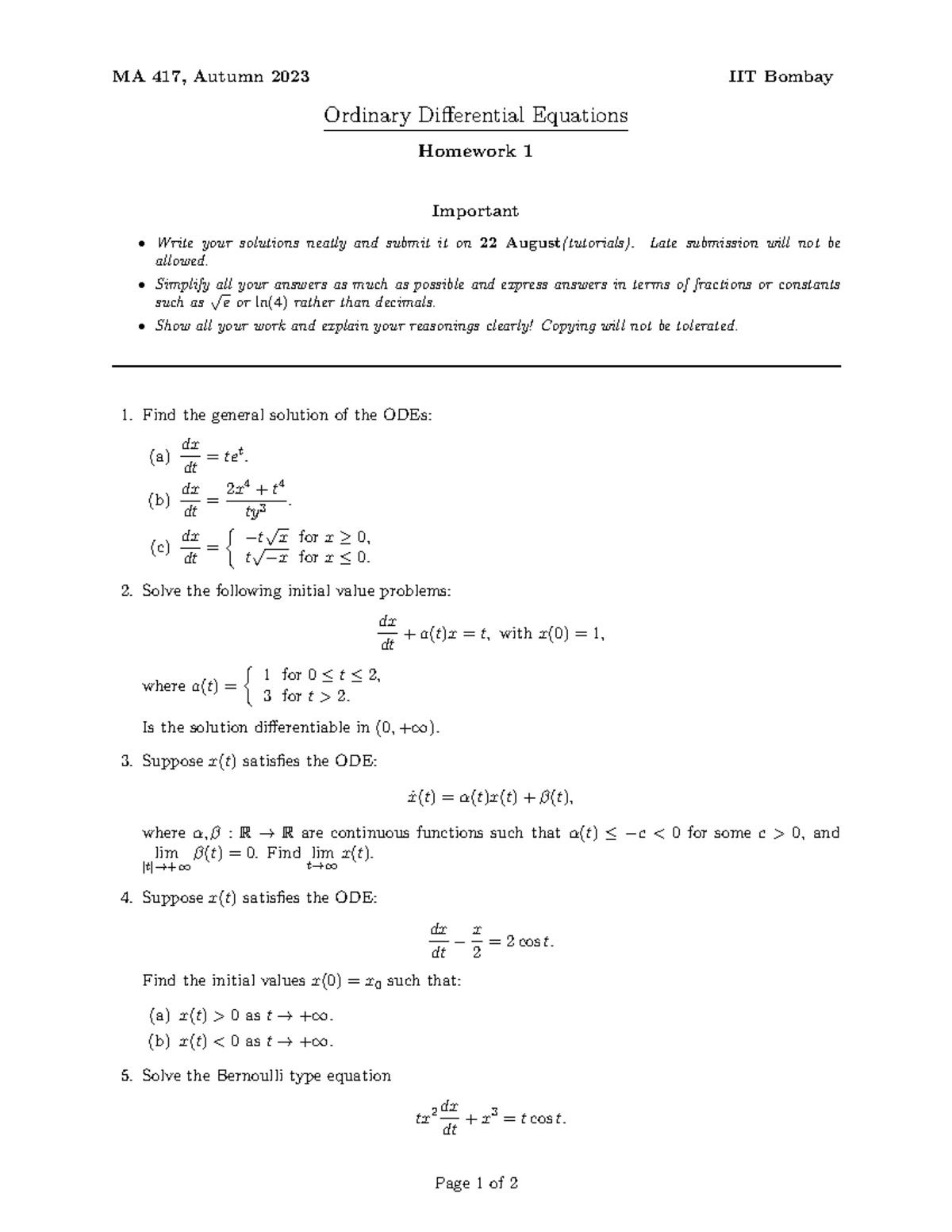 HW 1 - assignment 1 - MA 417, Autumn 2023 IIT Bombay Ordinary ...