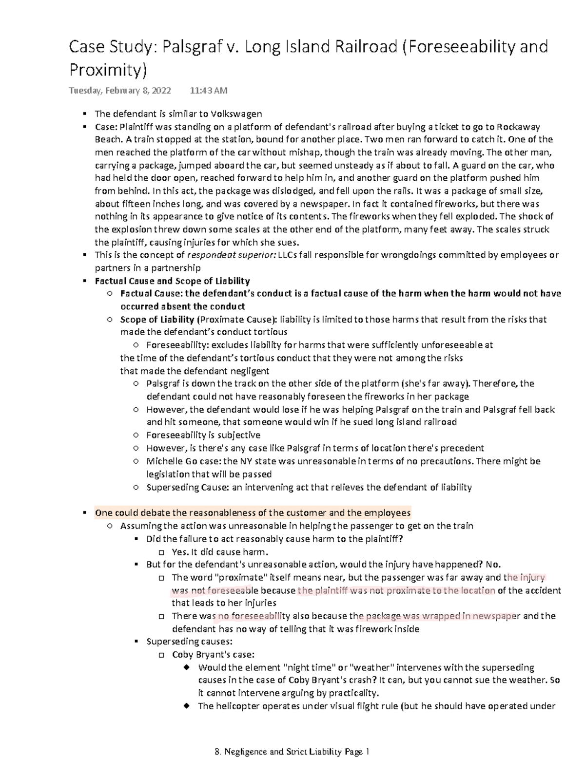 Case Study Palsgraf v. Long Island Railroad (Foreseeability and
