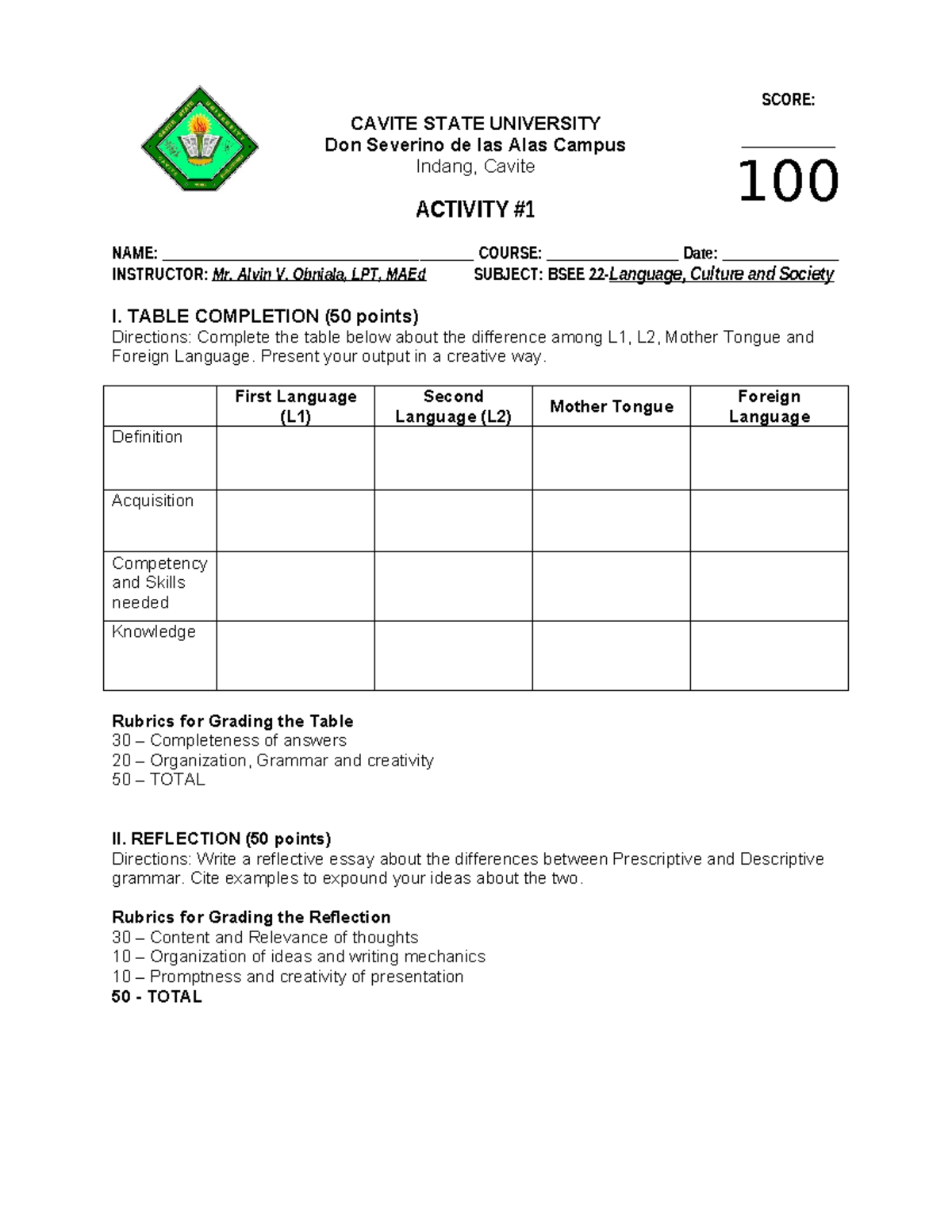 Activity 1 - Practice material - CAVITE STATE UNIVERSITY Don Severino ...