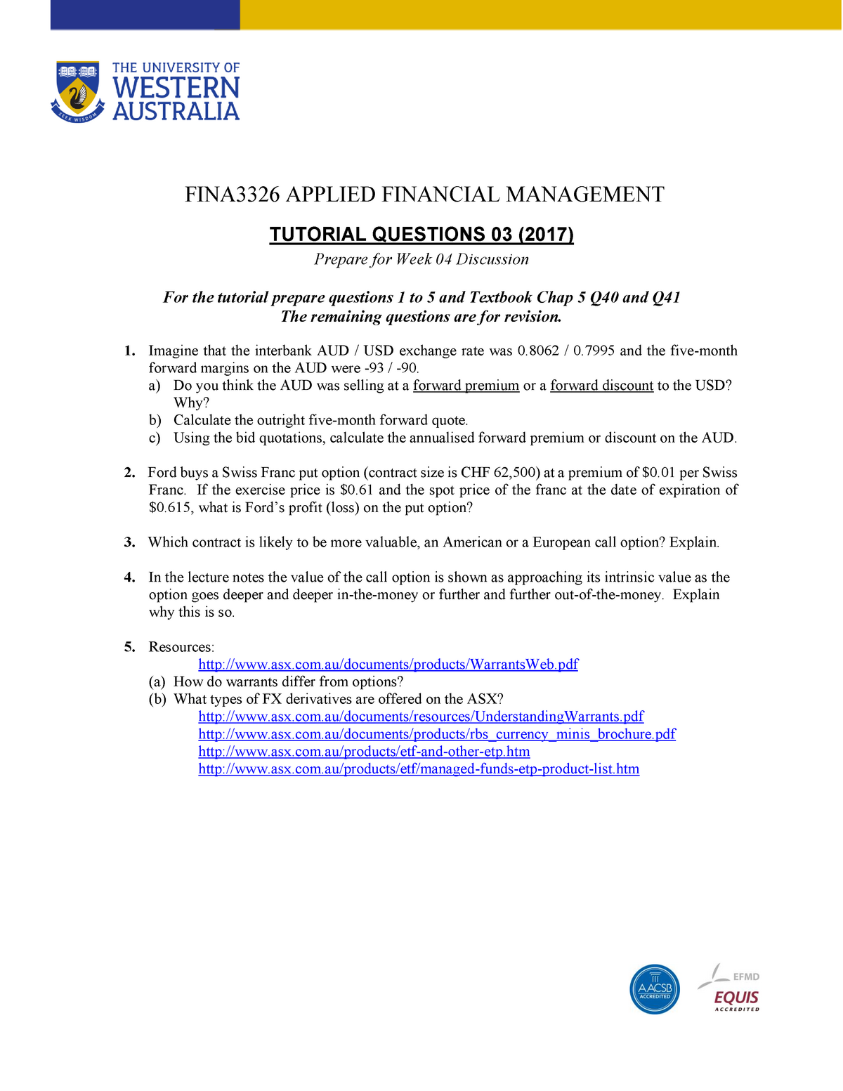 Tutorial Questions 03 2017 Fina3326 Applied Financial Management - 