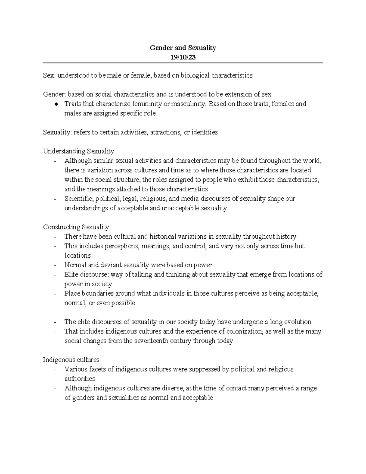 Gender and Sexuality - lec notes - Gender and Sexuality 19/10/ Sex ...