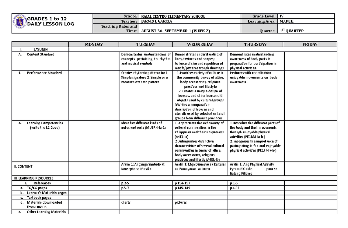 Grade 6 DLL Mapeh 4 Q1 Week 1 - GRADES 1 to 12 DAILY LESSON LOG School ...