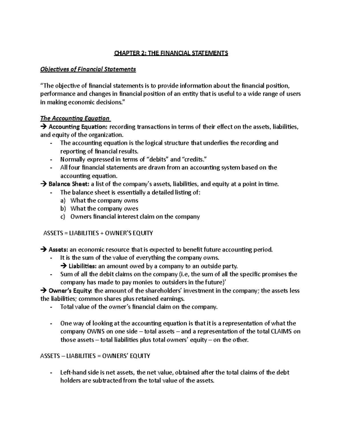 ADMS 1500 Chapter 2 CHAPTER 2 THE FINANCIAL STATEMENTS Objectives