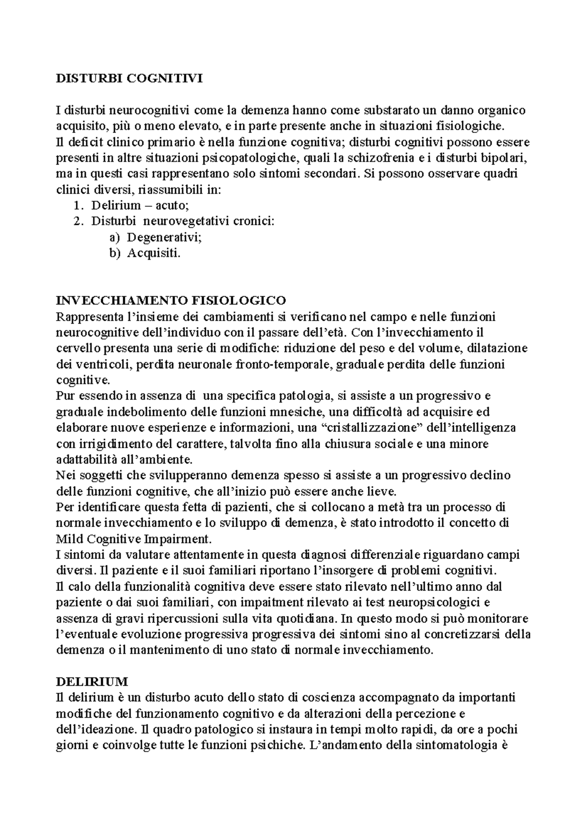 Disturbi Cognitivi- Psicologia Clinica - DISTURBI COGNITIVI I Disturbi ...