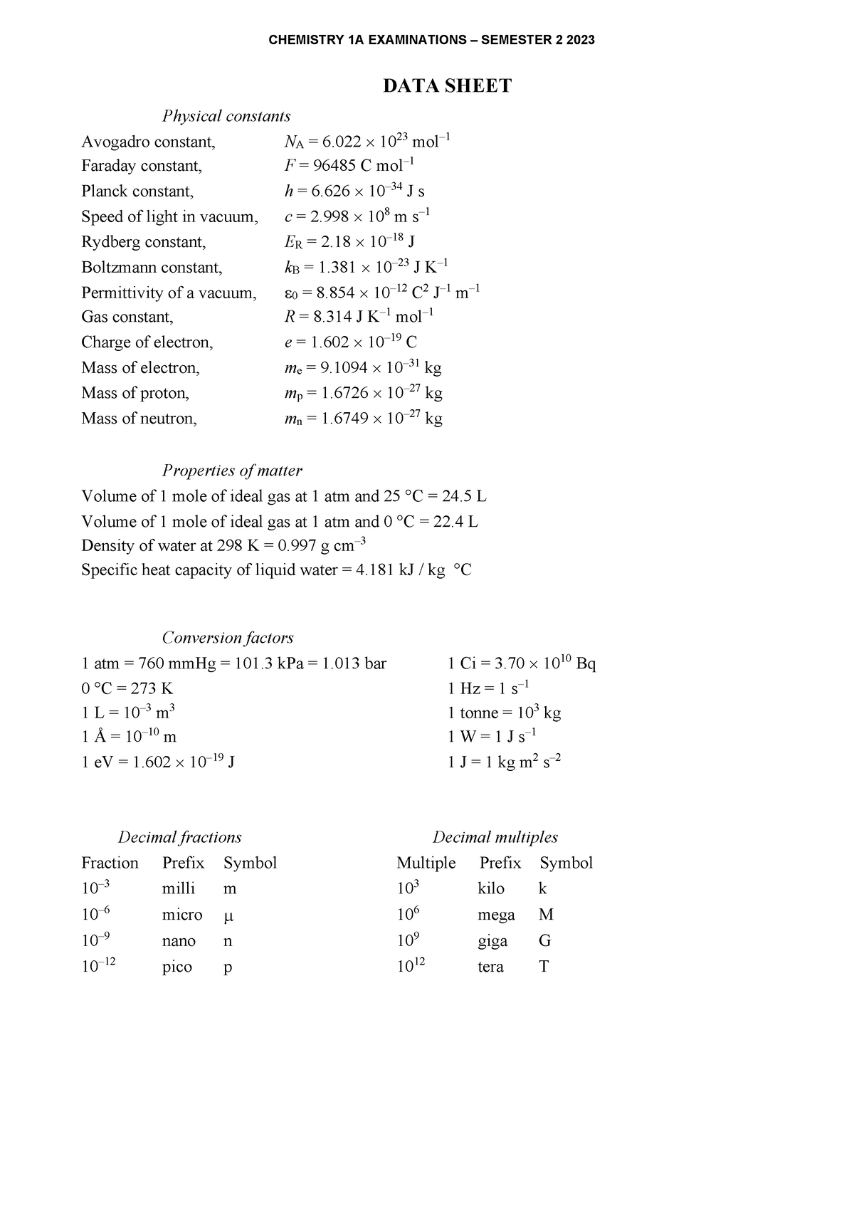 CHEM1A datasheet Sem2 2023 - CHEMISTRY 1A EXAMINATIONS – SEMESTER 2 ...