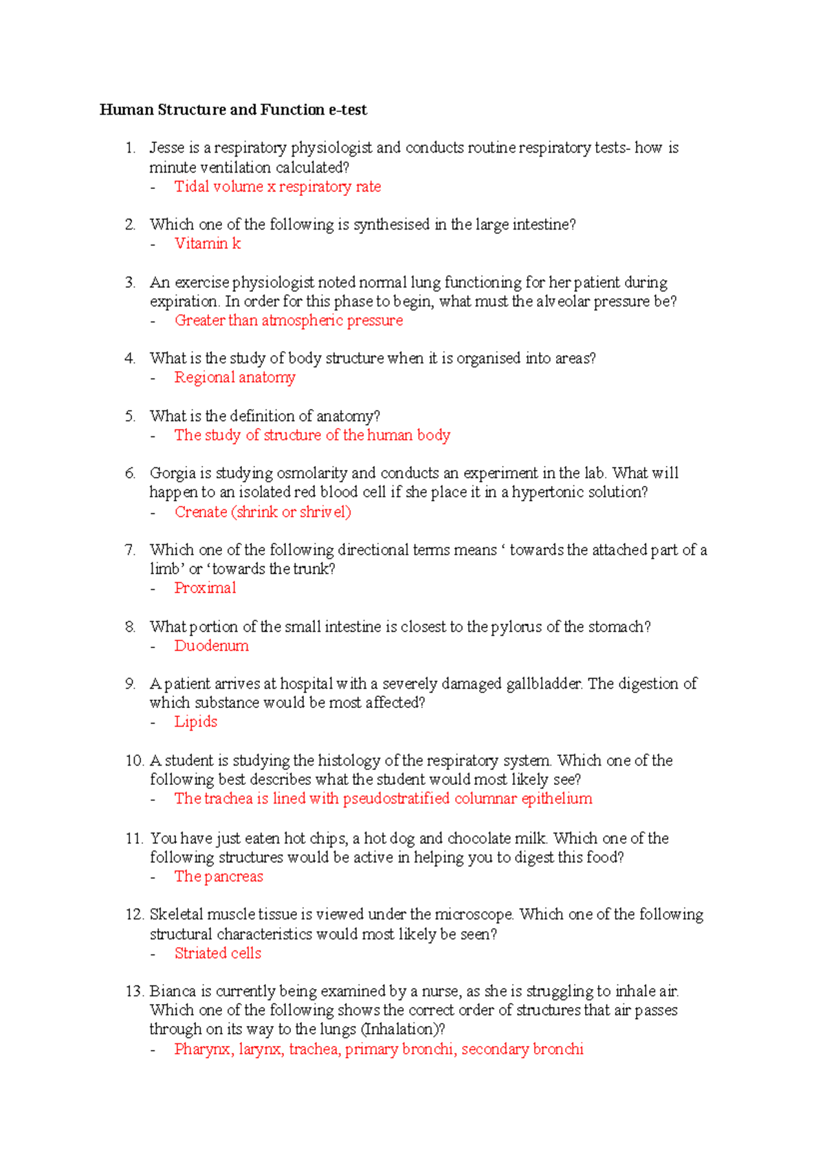 Practise etest Etest 1 practice Human Structure and Function e