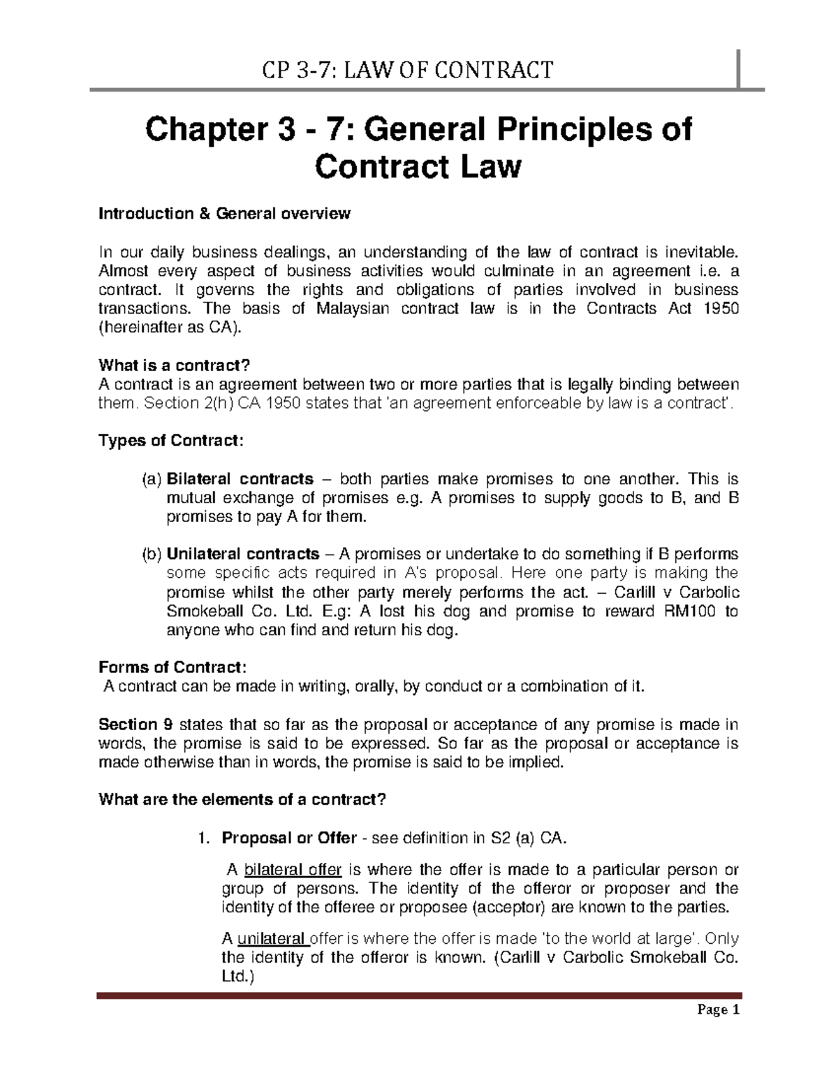 7. Overview Of Ch 3-7 - CP 3-7: LAW OF CONTRACT Page 1 Chapter 3 - 7 ...