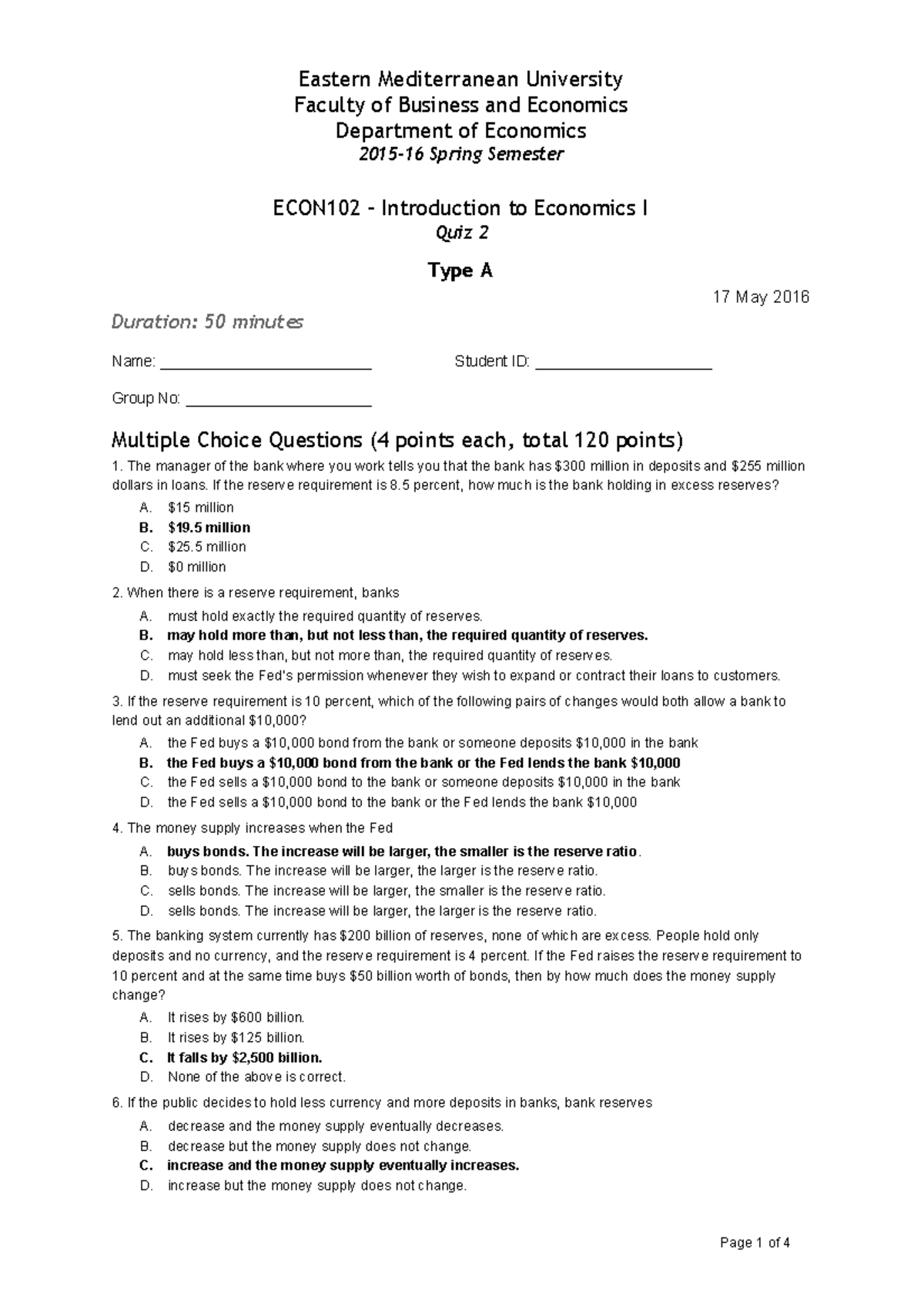 ECON102 2015-16 Spring Quiz 2 Answer Key - Micro Economics - Studocu