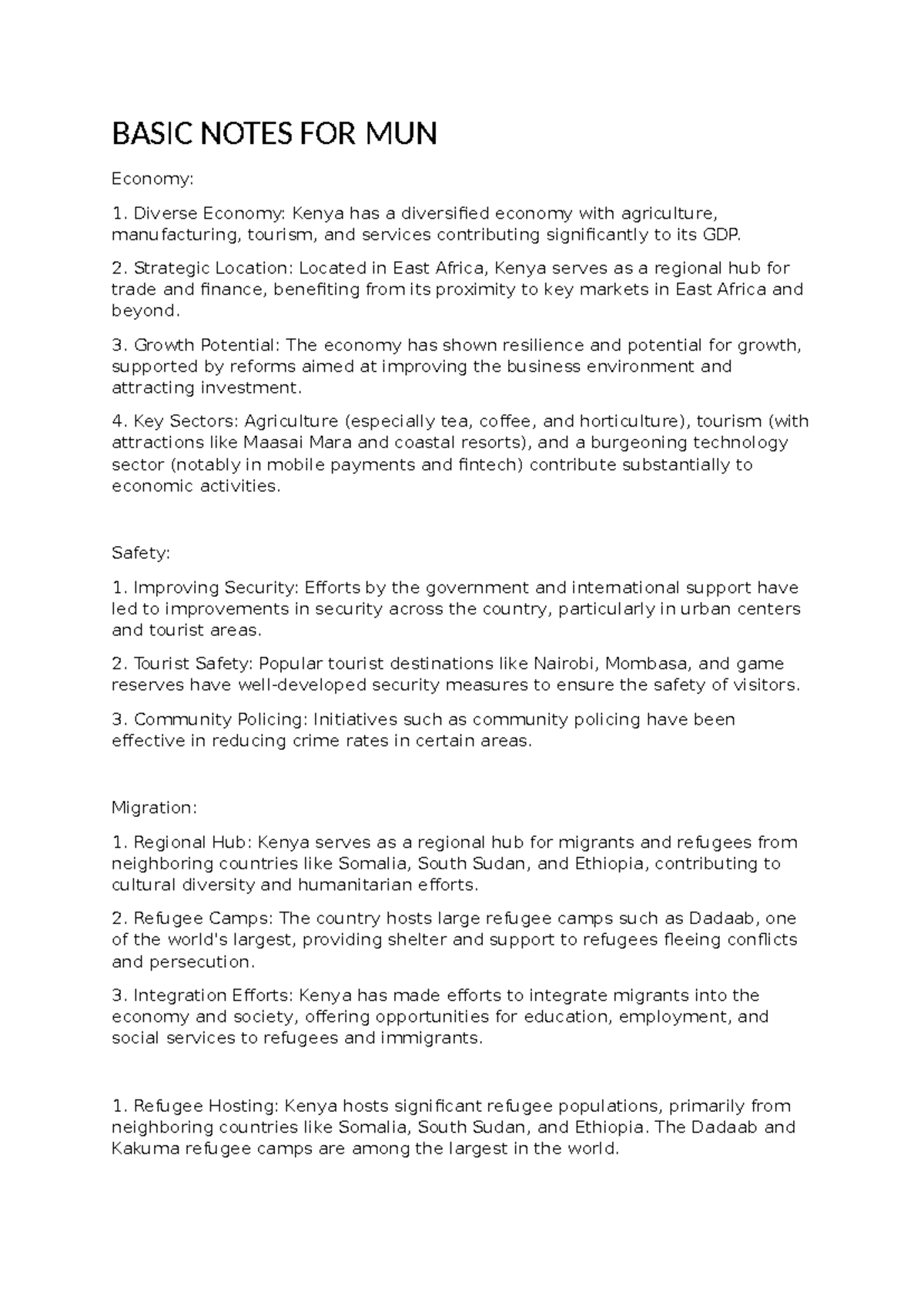 Notes for mun - BASIC NOTES FOR MUN Economy: Diverse Economy: Kenya has ...