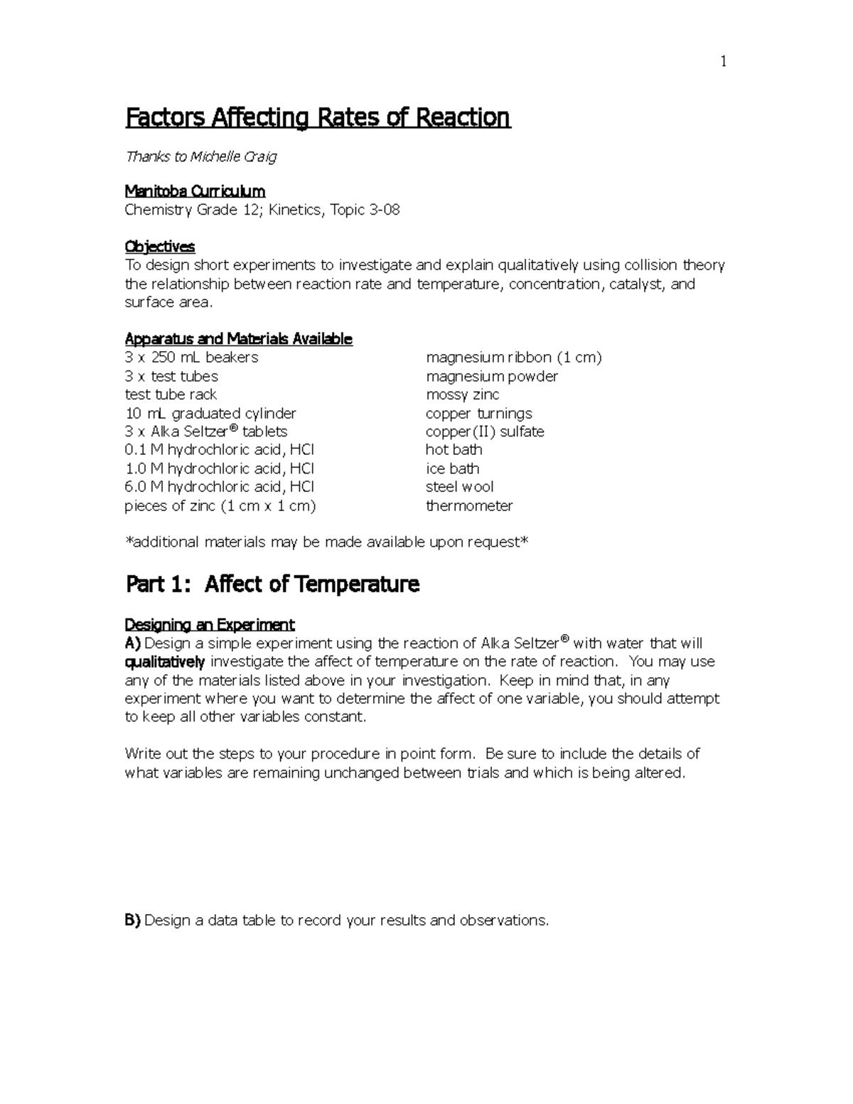 Rates of Reaction - Mini Labs C12-3-08 - Factors Affecting Rates of ...