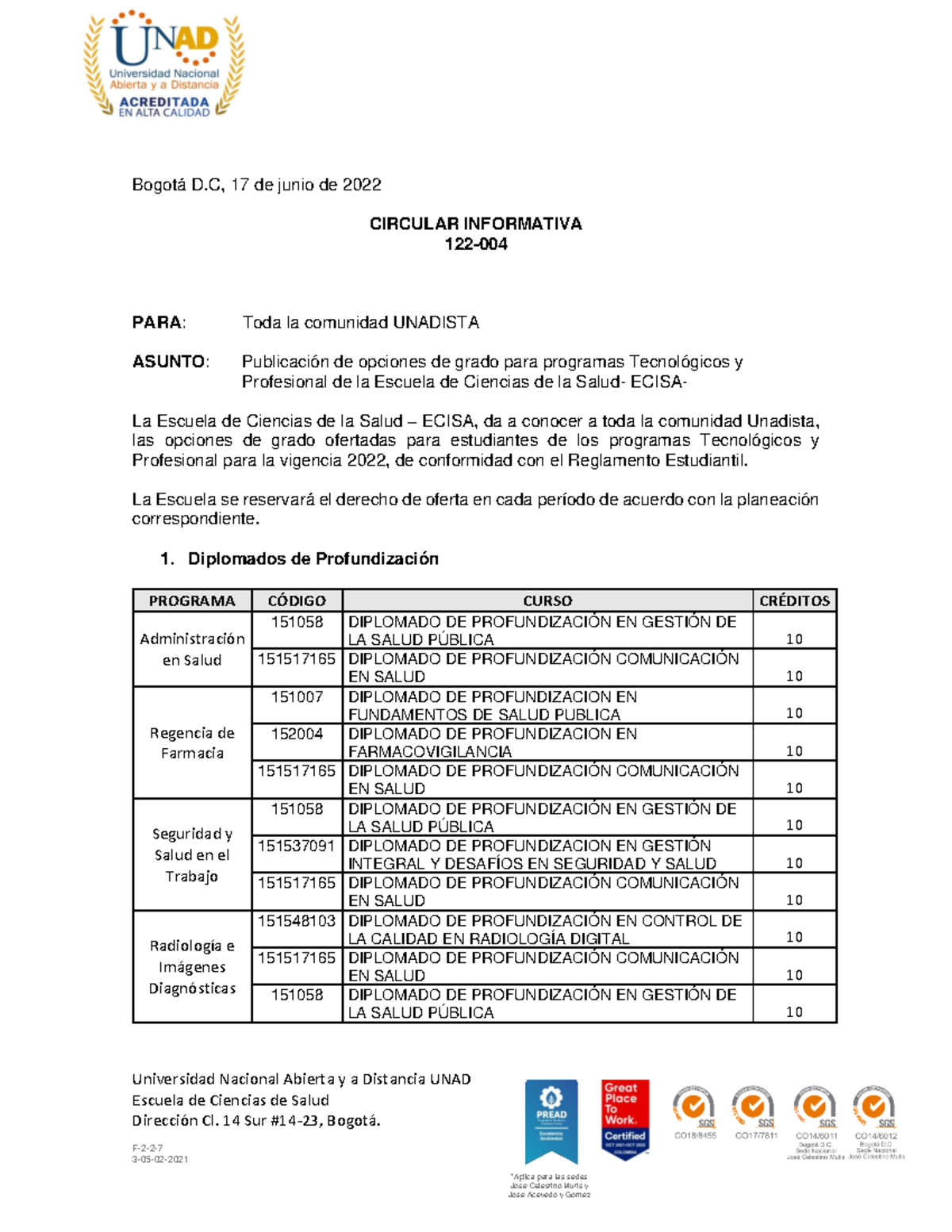 Circular Informativa No. 122-004 - Bogotá D, 17 de junio de 2022 ...