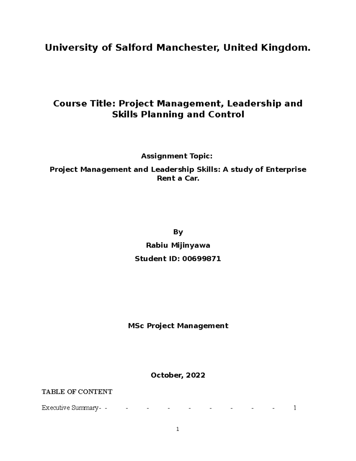 Enterprise RENT A CAR Assignment University of Salford Manchester