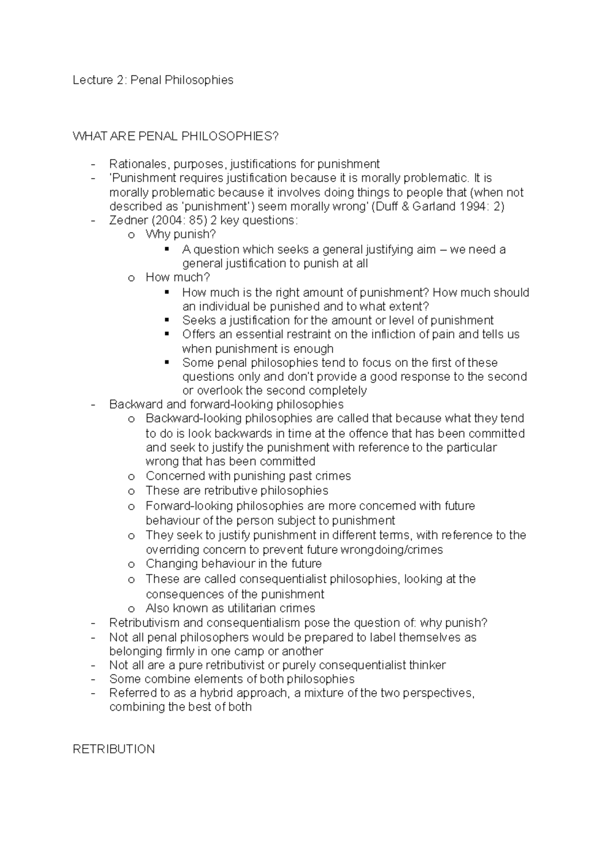 Punishment and Penal Policy Lecture 2 - Lecture 2: Penal Philosophies ...