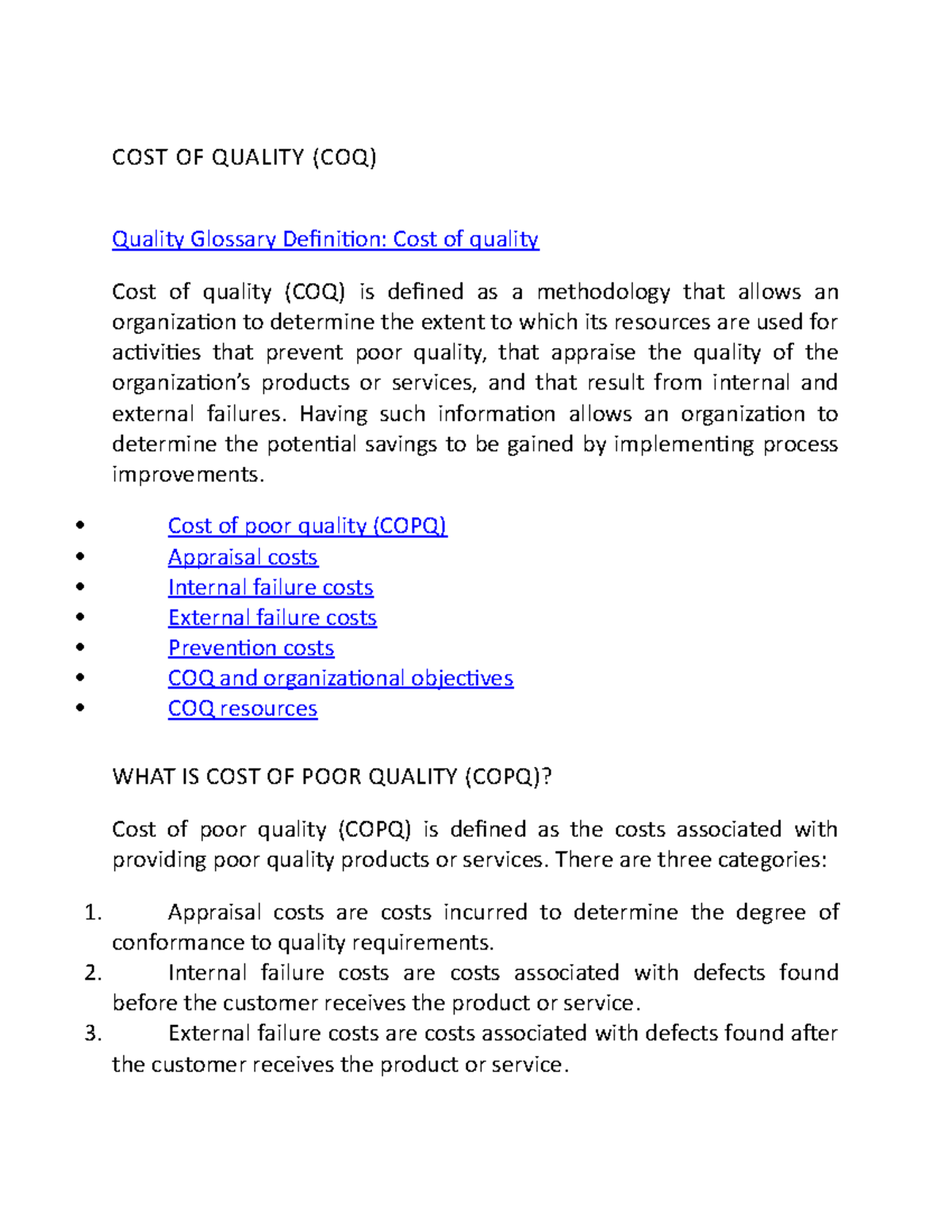 COST OF Quality COST OF QUALITY (COQ) Quality Glossary Deiniion Cost
