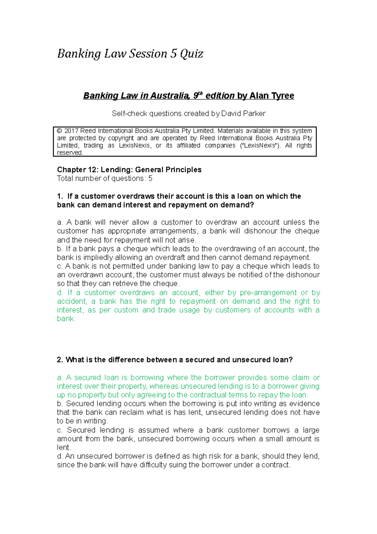 Banking Law Session 5 Quiz ECON30005 Unimelb Studocu