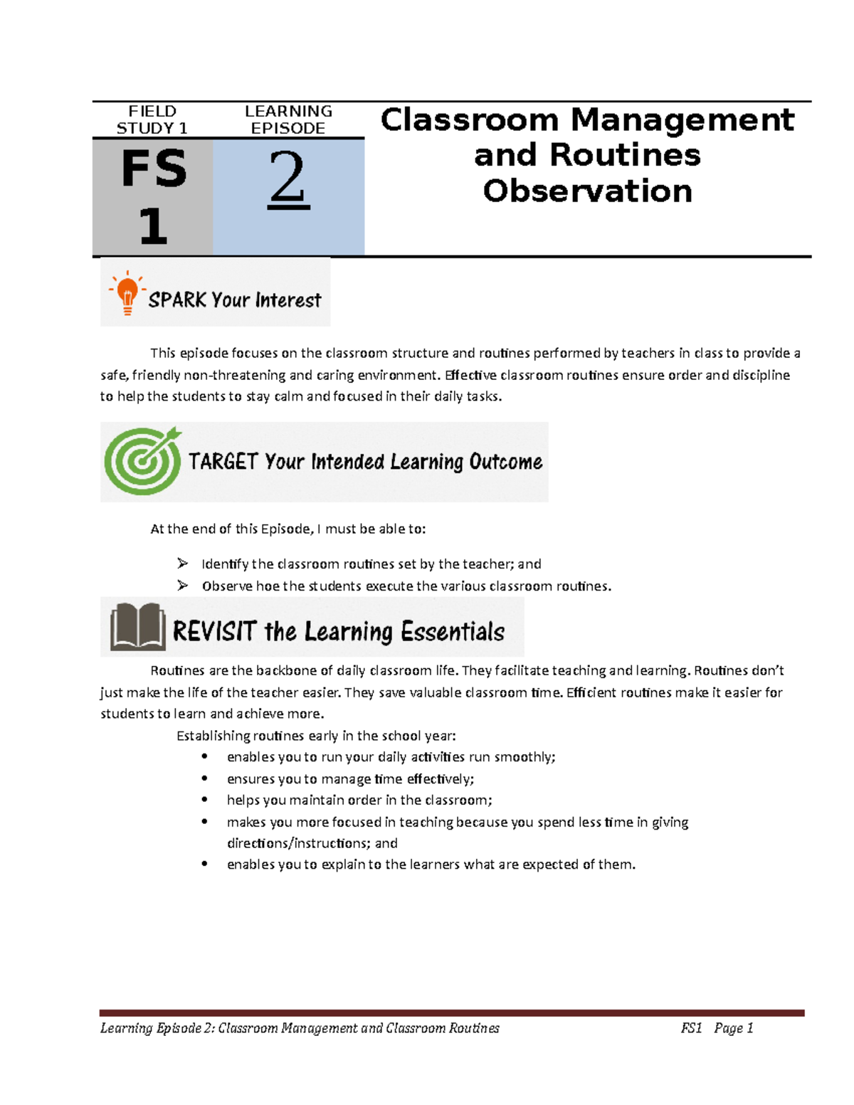 Field Study 1 E2 classroom management and classroom routines FIELD