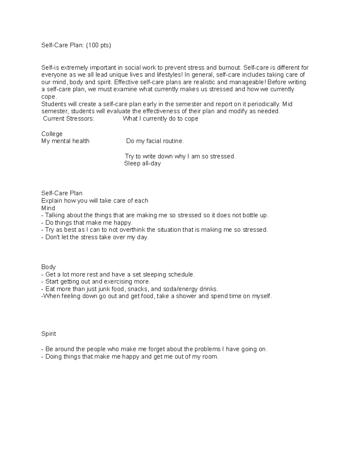 SCWK 110 Self care plan - Self-care plan that is for SCWK 110 - Self ...