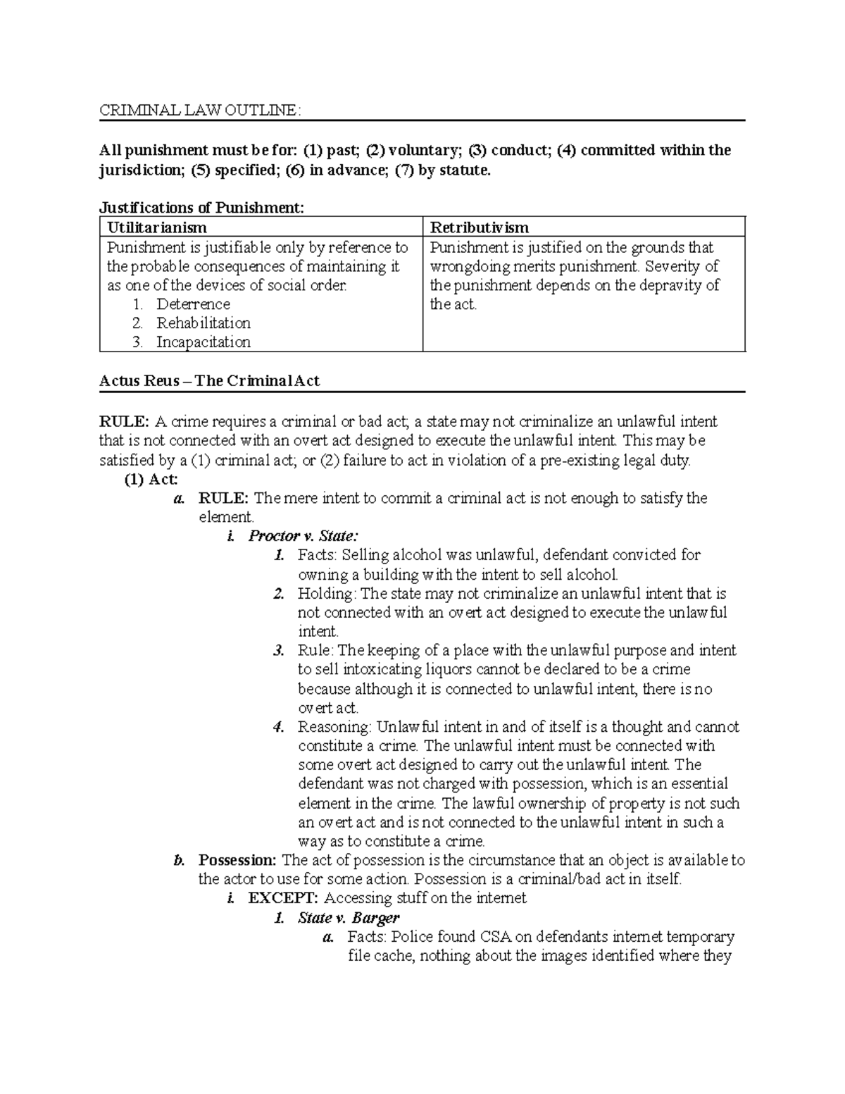 Criminal LAW Outline - CRIMINAL LAW OUTLINE: All punishment must be for ...