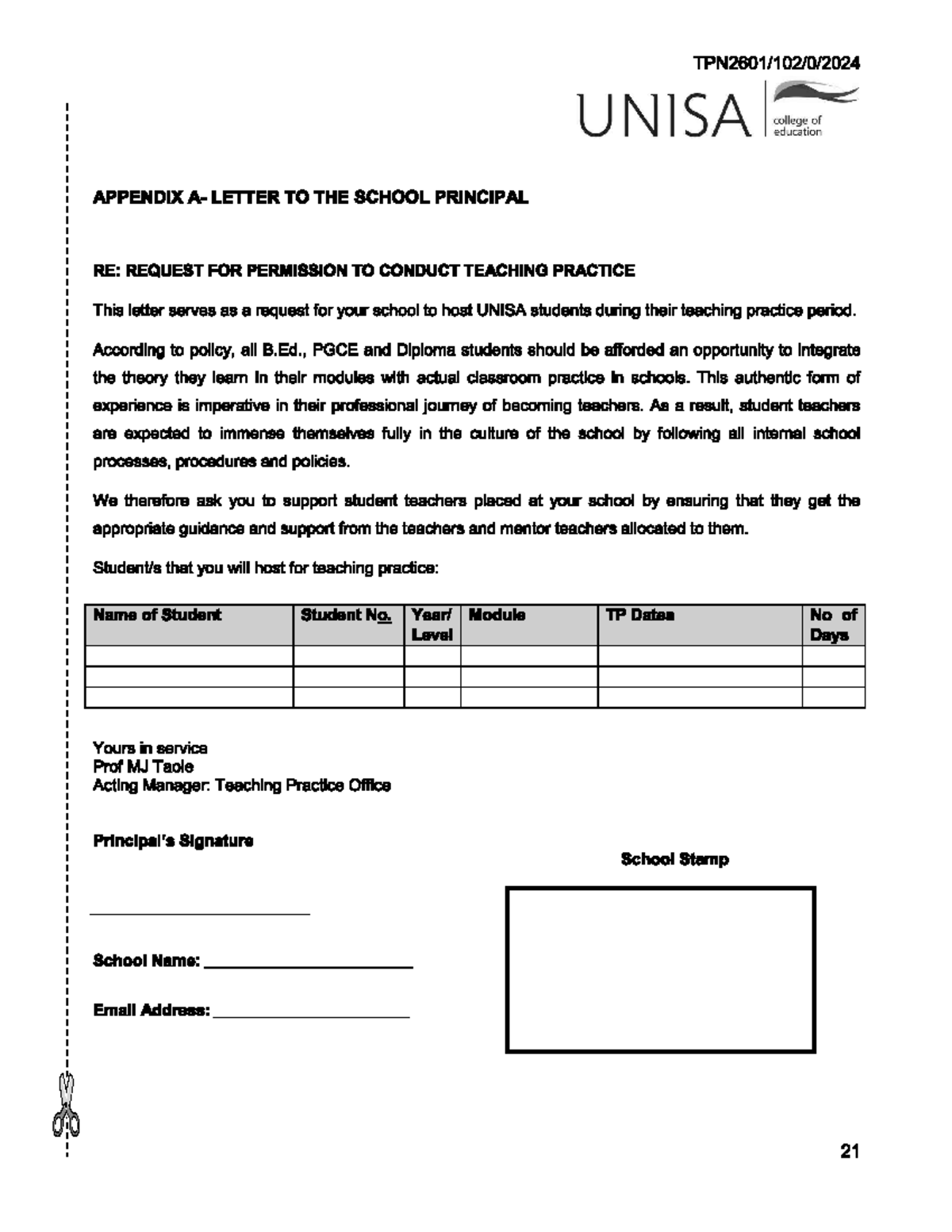 TPN Placement Letter - Tpn2601 - UNISA college of education APPENDIX ...