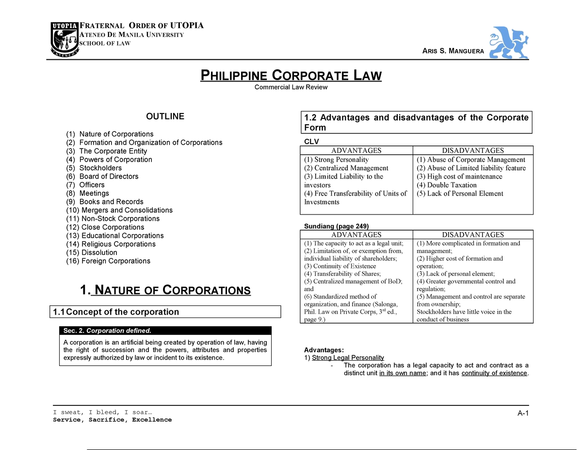 Law On Corporation Reviewer - ATENEO DE MANILA UNIVERSITY SCHOOL OF LAW ...