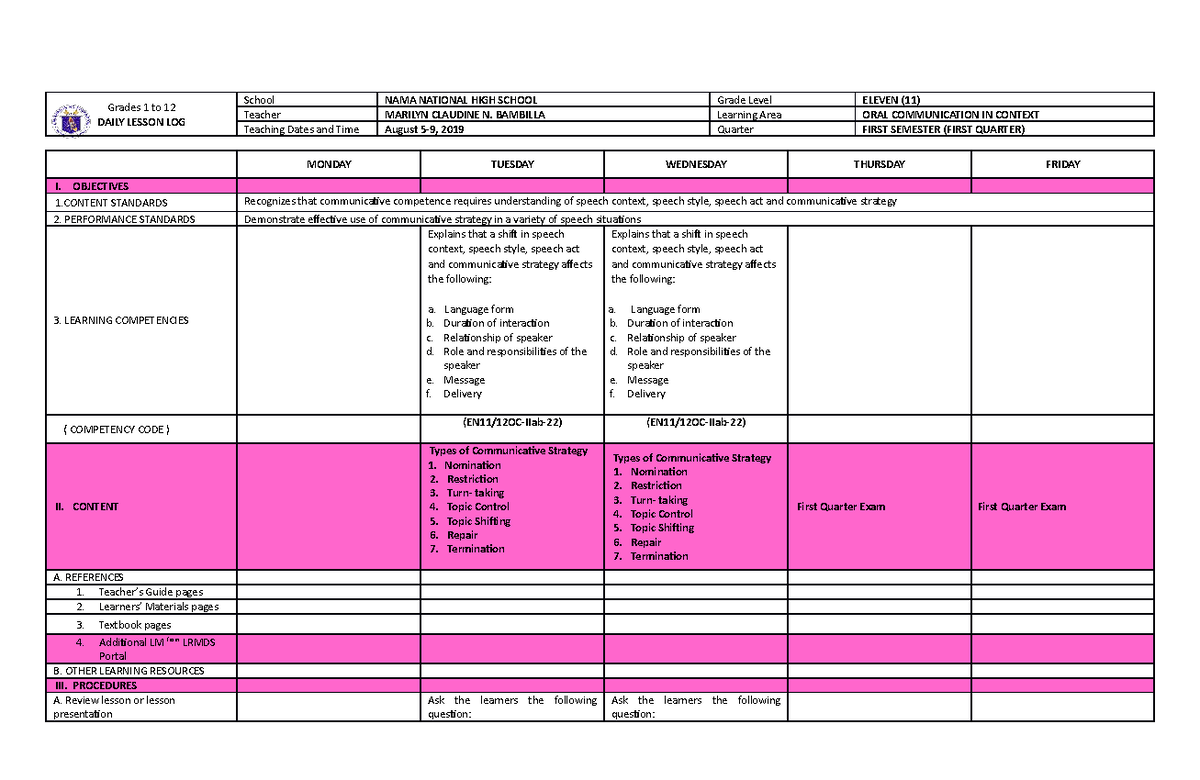 DLL (August 5) - Reference - Grades 1 to 12 DAILY LESSON LOG School ...