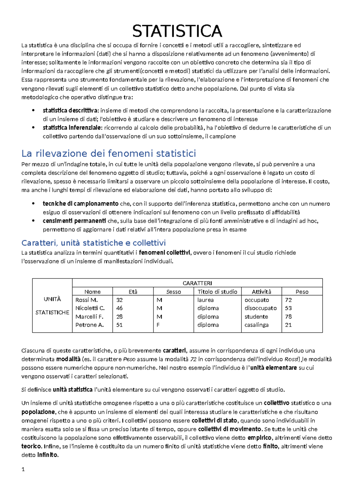 Statistica - Riassunto del libro - STATISTICA La statistica è una ...