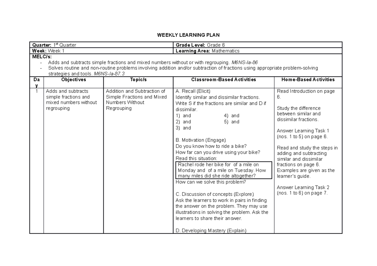 Q1W1 - Sample lesson plan - WEEKLY LEARNING PLAN Quarter: 1 st Quarter ...