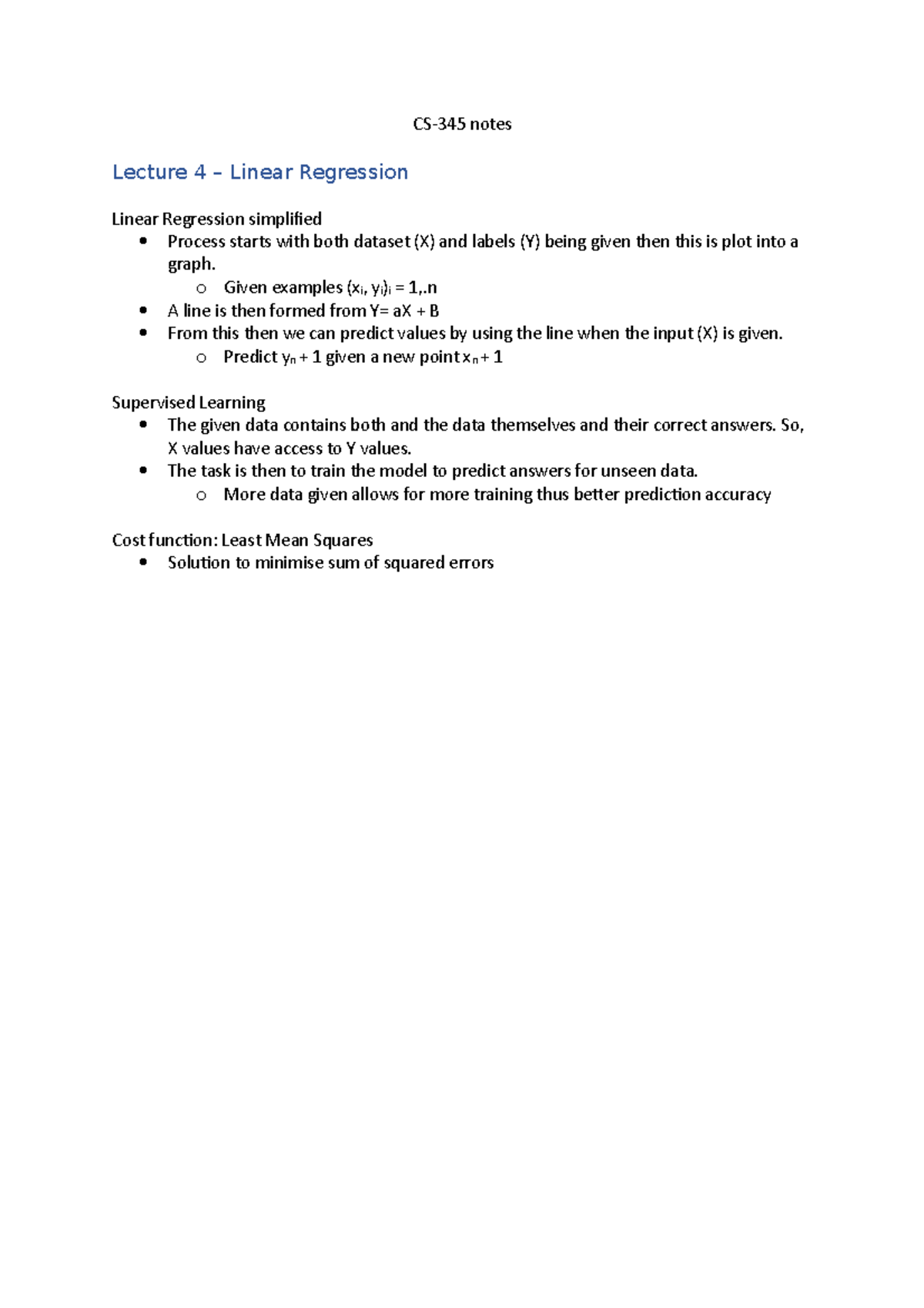 Notes 345 - CS-345 notes Lecture 4 – Linear Regression Linear ...