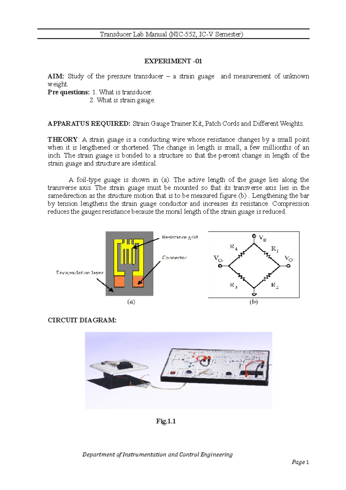 Transducer Lab Manual EXPERIMENT AIM Study of the pressure