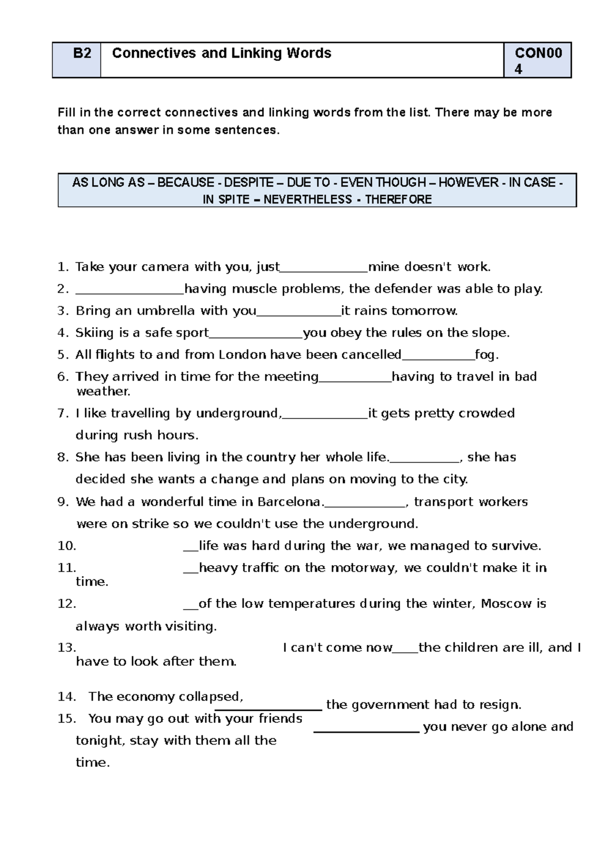 Connectives-linking-words - B2 Connectives And Linking Words CON 4 Fill ...