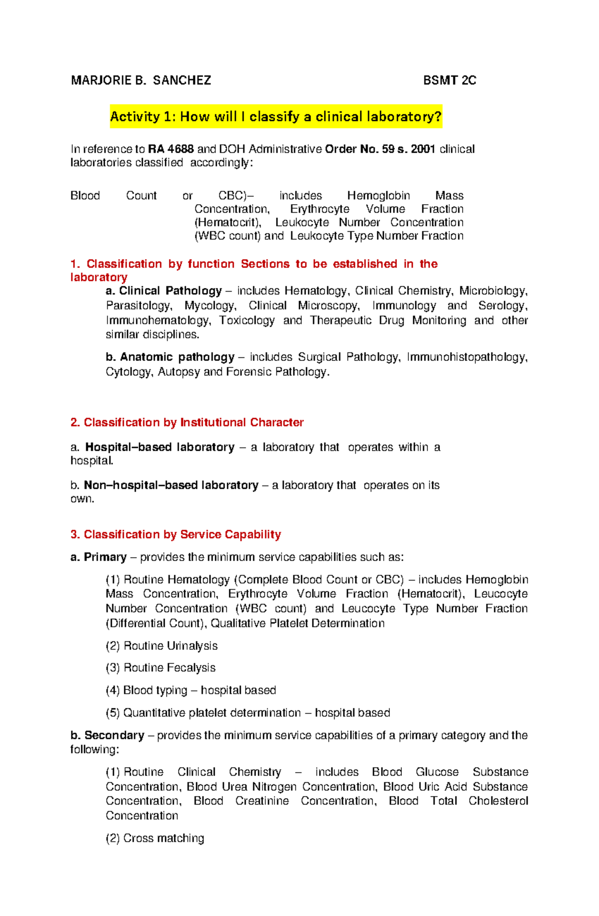 Lab Management Activity 1 How to Classify Clinical Laboratory