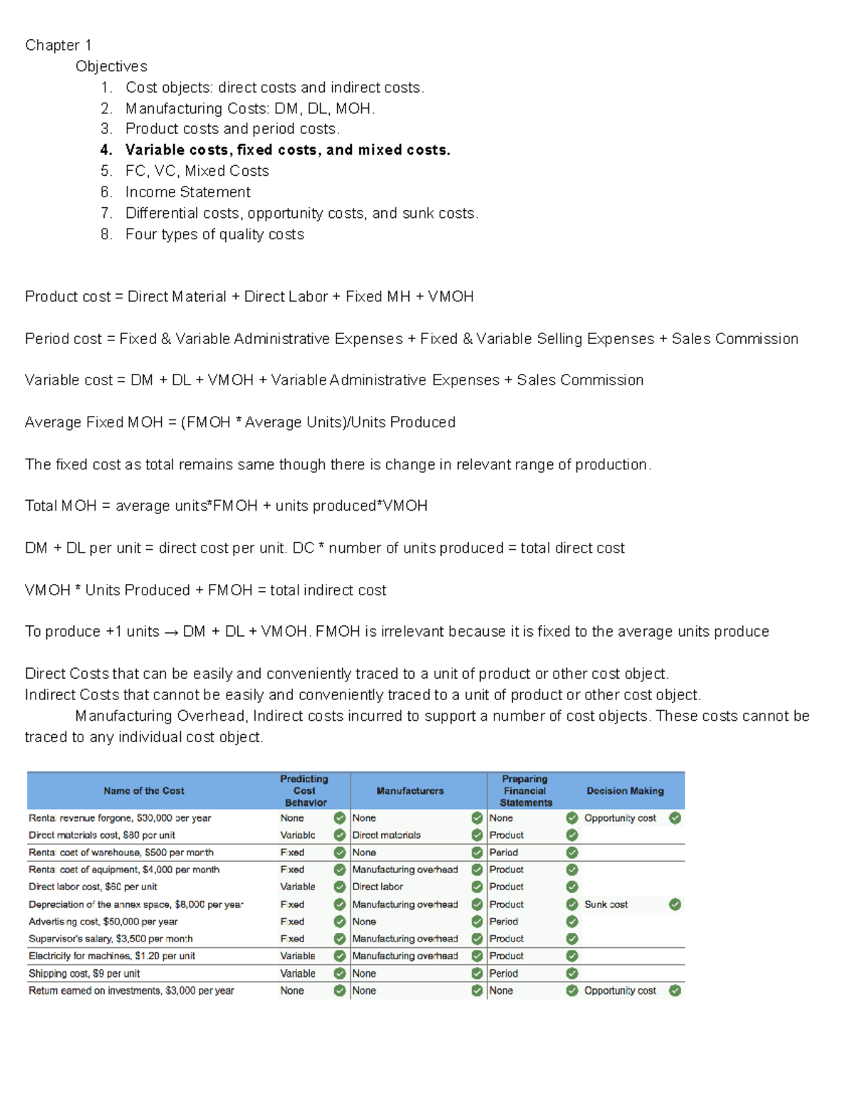 Cost Accounting - class notes - Chapter 1 Objectives 1. Cost objects ...
