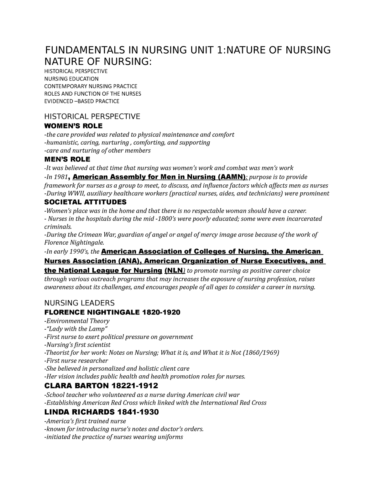 Fundamentals IN Nursing UNIT 1 - FUNDAMENTALS IN NURSING UNIT 1:NATURE ...