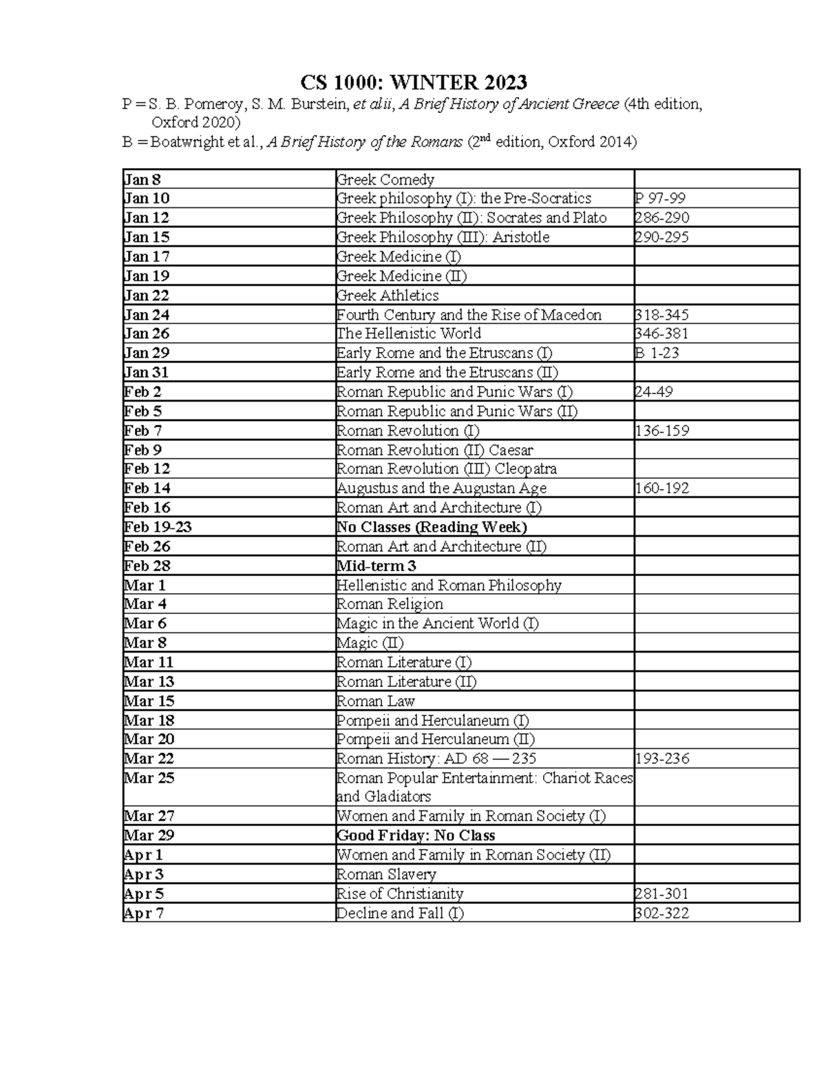 CS 1000 Lectures Term 2 2024 - CS 1000 : WINTER 20 23 P = S. B. Pomeroy ...