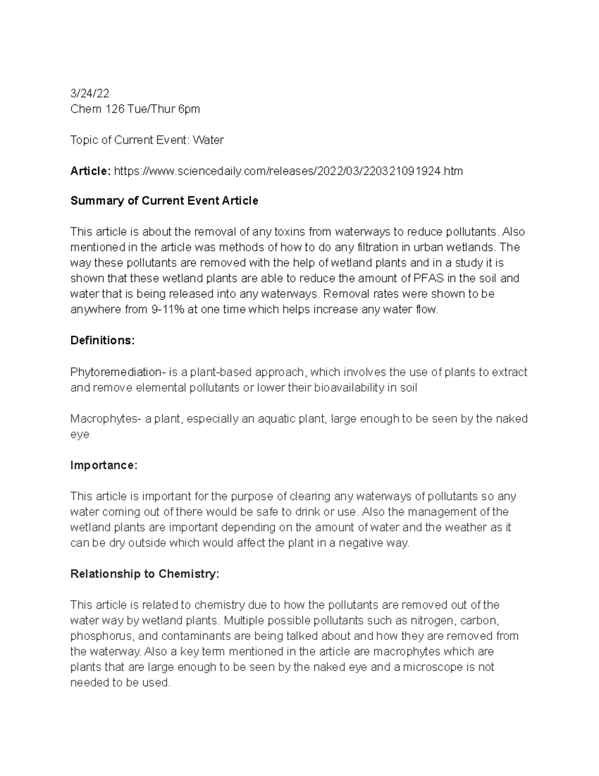 Chemistry Water Paper - 3/24/ Chem 126 Tue/Thur 6pm Topic of Current ...