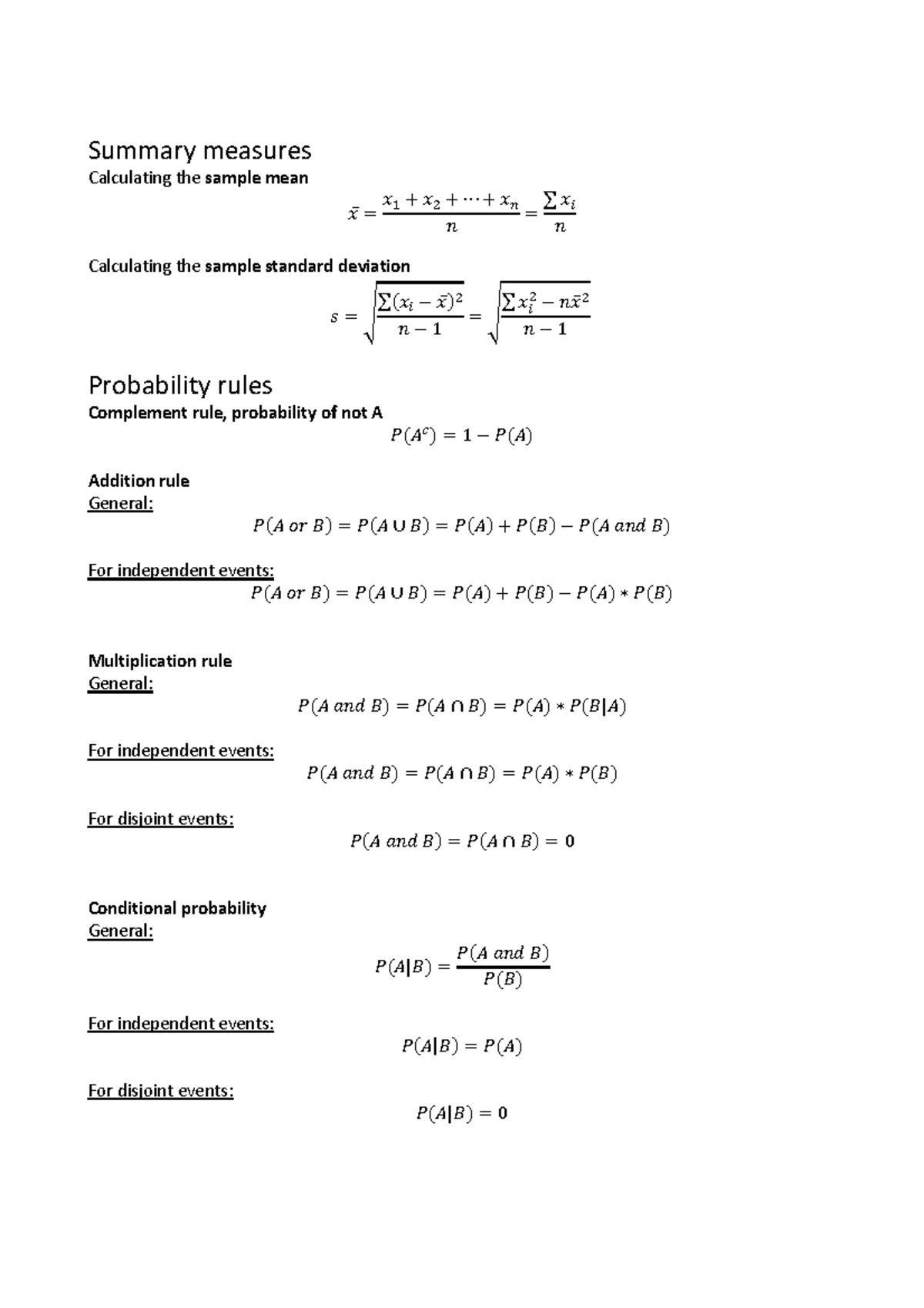 Formulasheet Formula sheet, Statistics Summary measures