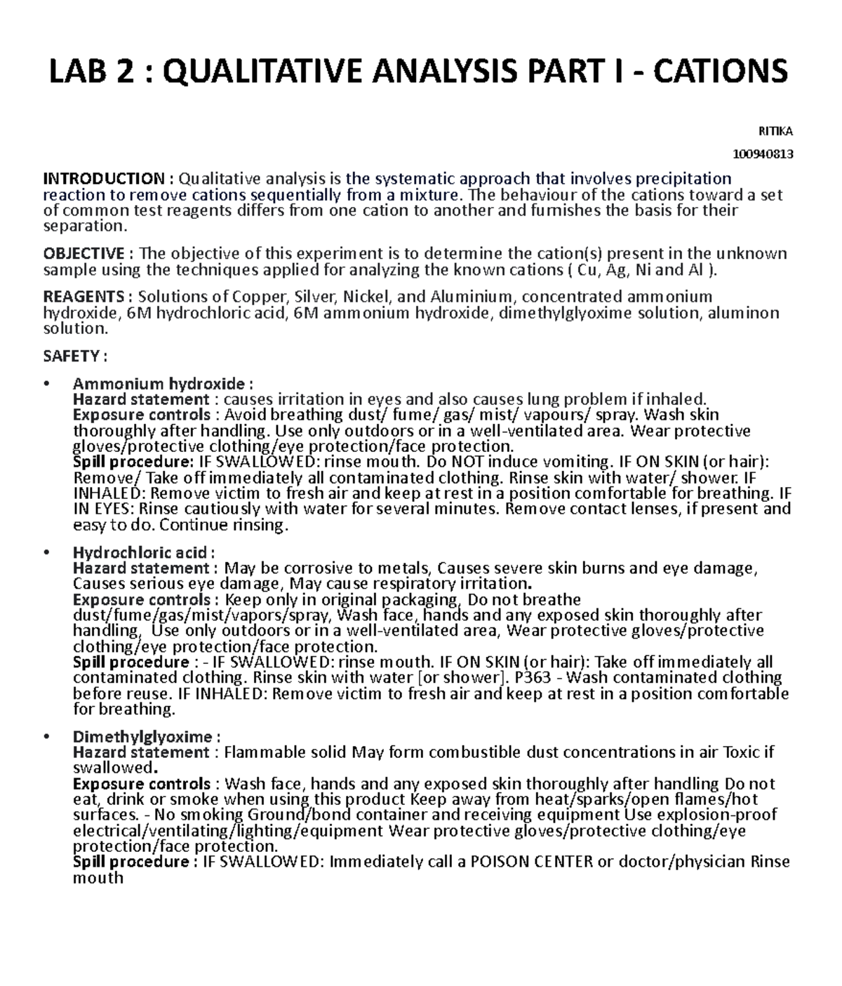 PRE LAB 2 QUALITATIVE ANALYSIS PART 2 ANIONS LAB 2 QUALITATIVE