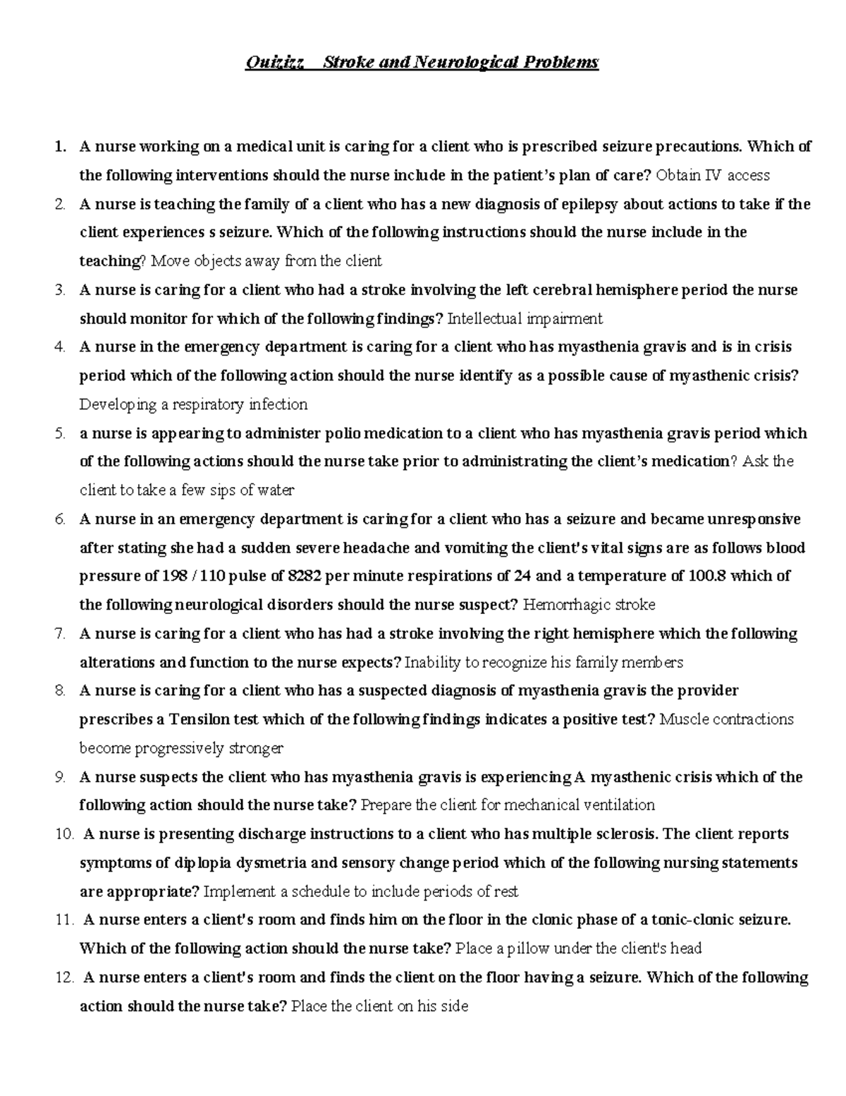 Lewis' NCLEX Style Practice Questions for Stroke and Neurological Problems - Quizizz Stroke and ...