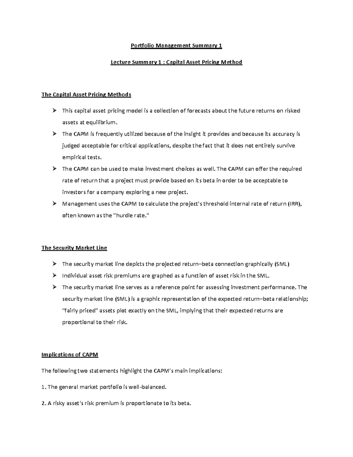  Portfolio Management Summary 1 CAPM Portfolio Management Summary 1 