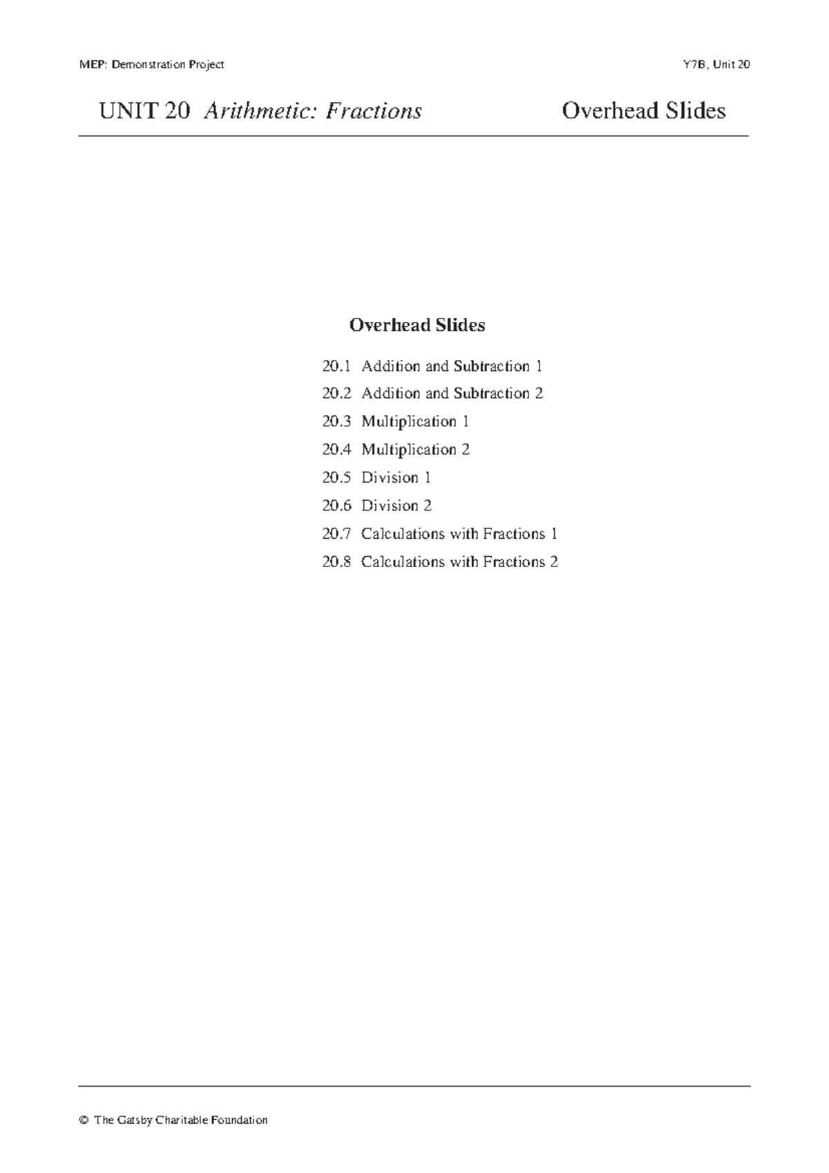 Unit 20 Arithmetic Fractions overhead slide notes - MEP: Demonstration ...