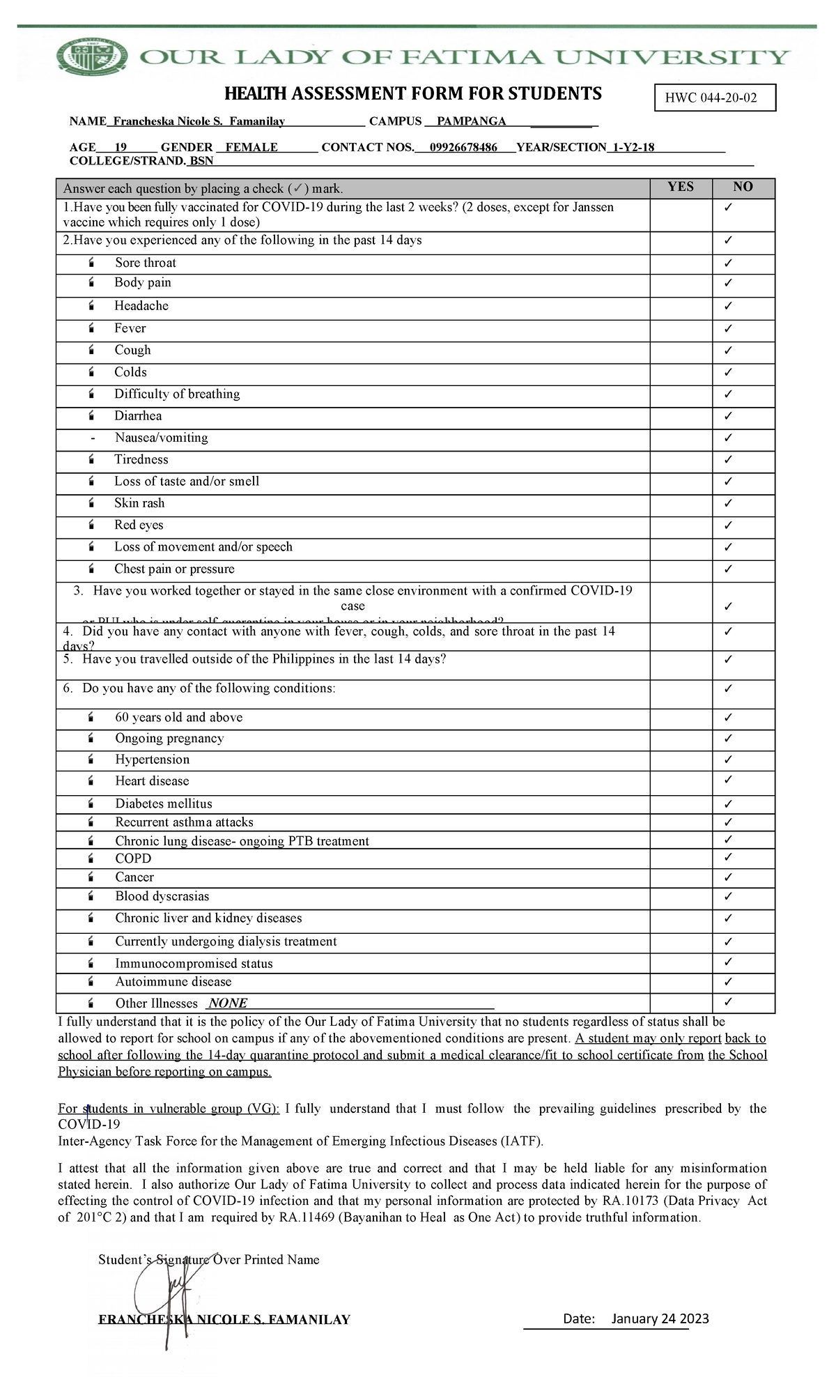 Health Assessment Form for Student 02 - HEALTH ASSESSMENT FORM FOR ...