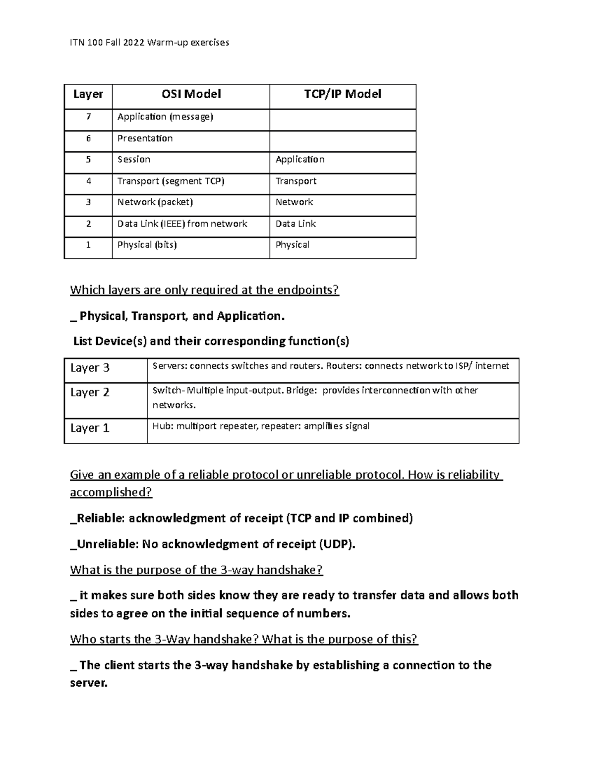 ITN 100 Fall 2022 exercises on OSI Model and Protocols - Studocu