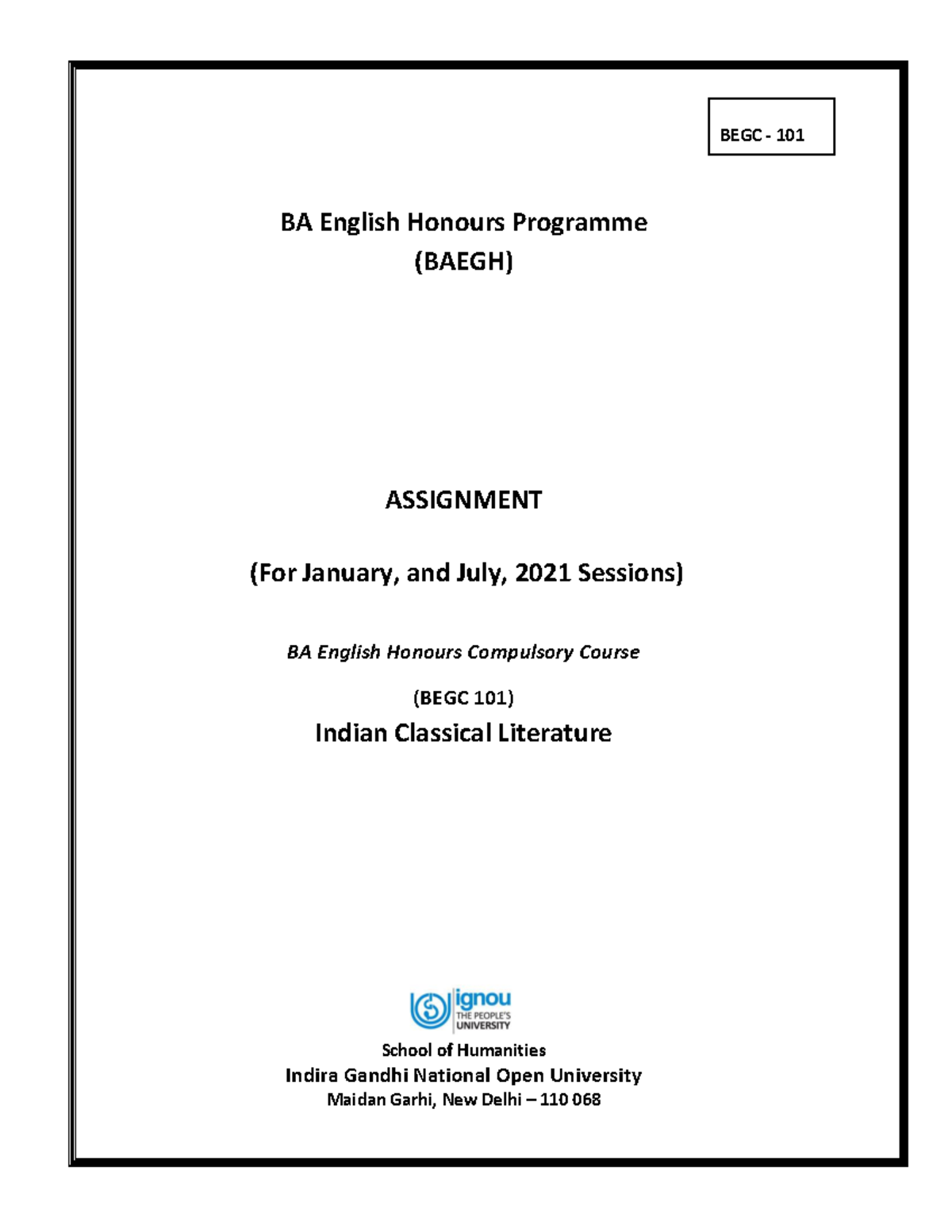 2021 Jan July TMA BEGC 101 Indian Classical Literature - BA English ...