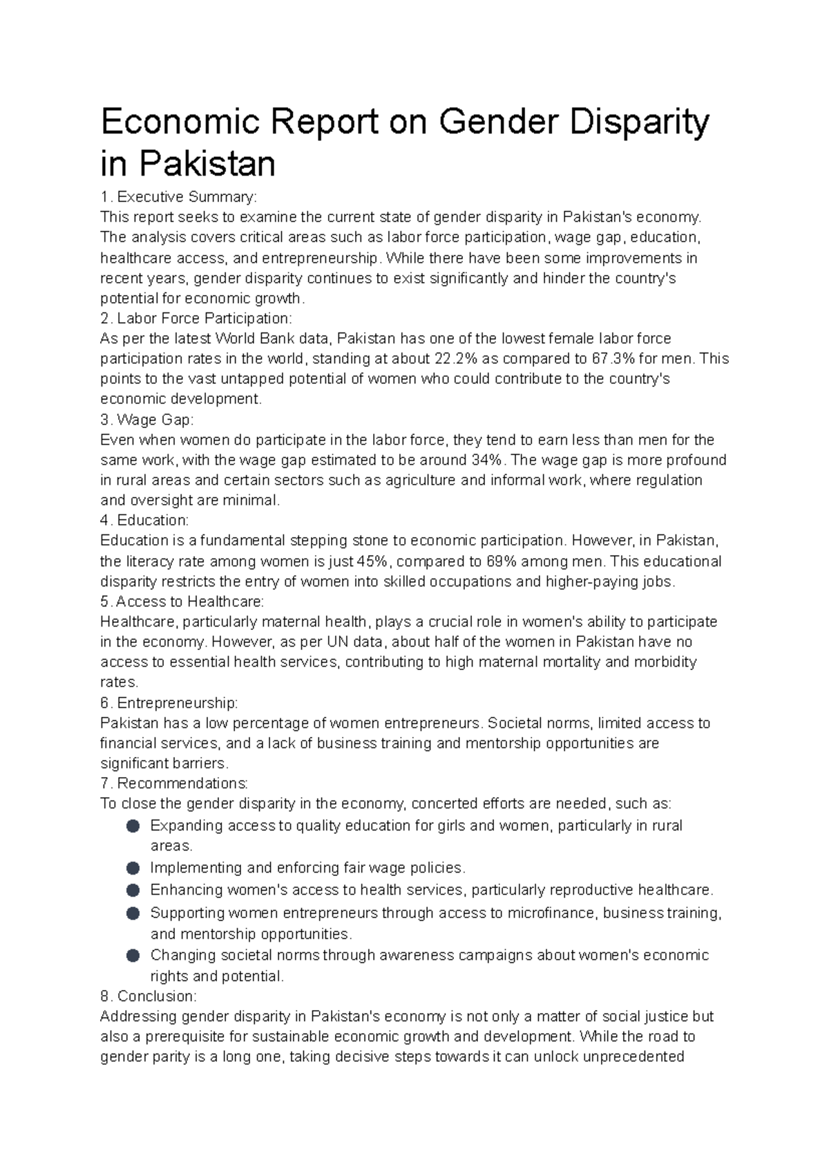 Economic Report on Gender Disparity in Pakistan Computer and