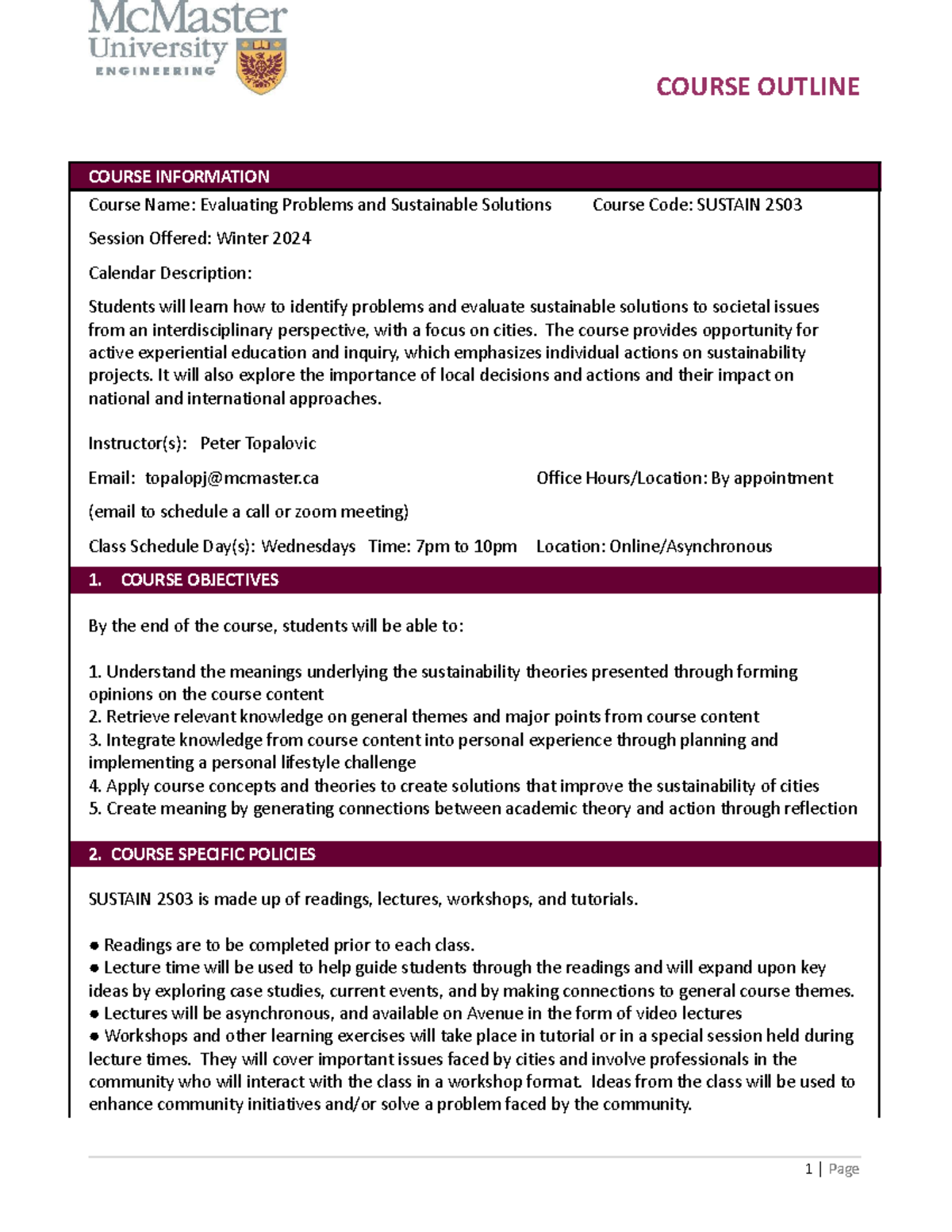 Sustain 2S03 Winter 2024 Course Syllabus-1 - COURSE OUTLINE COURSE ...