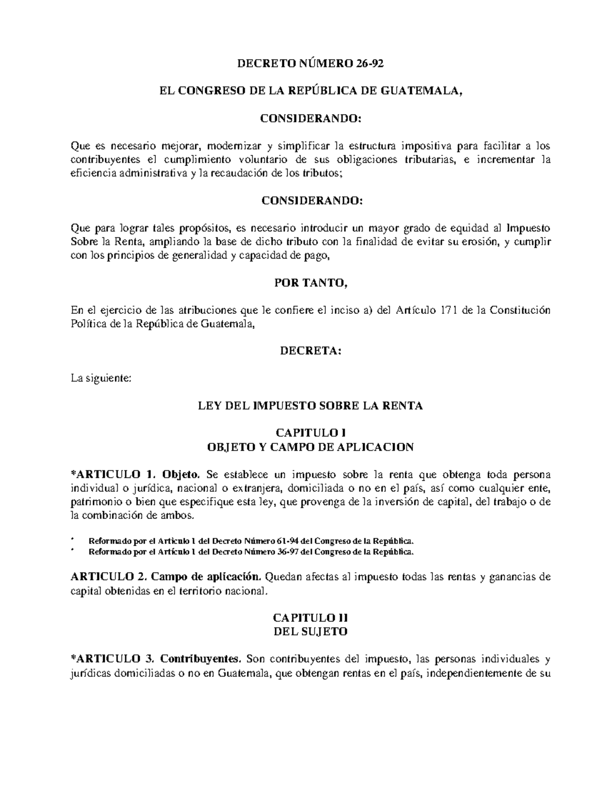 LEY DEL Impuesto Sobre LA Renta - DECRETO NÚMERO 26- EL CONGRESO DE LA ...